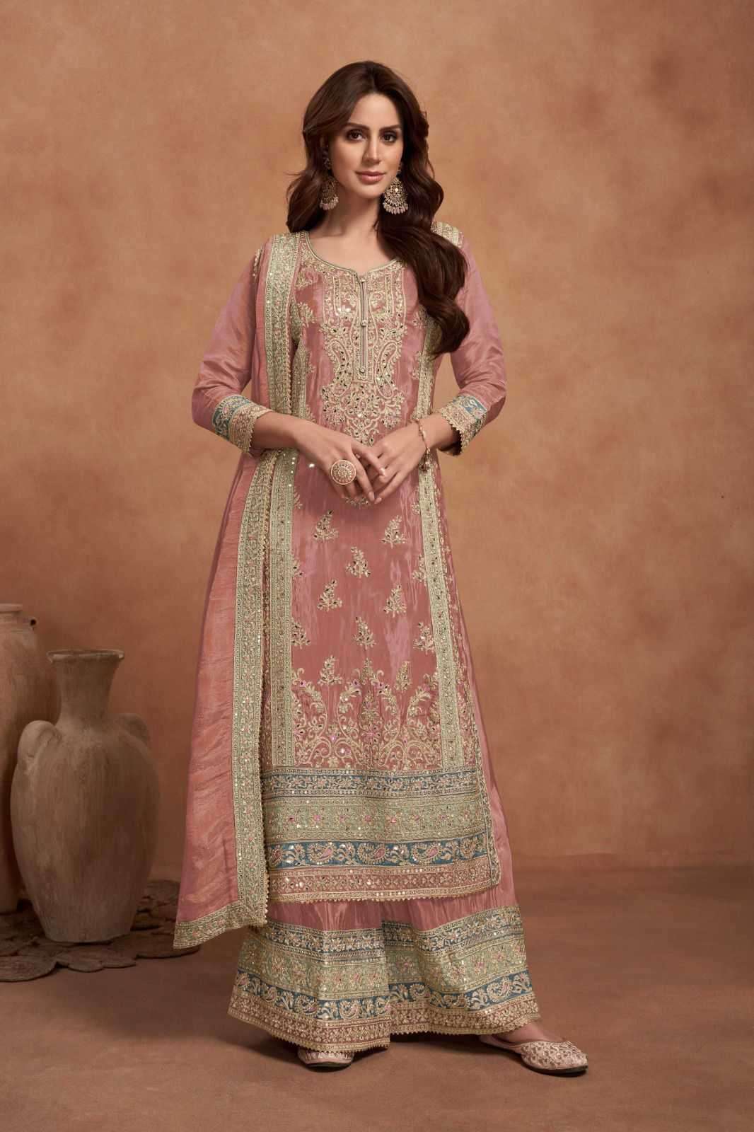 GULKAYRA DESIGNER PRESENTS NAZIA SIMMER SILK READYMADE PLAZZO STYLE DESIGNER SUIT CATALOG WHOLESALER AND EXPORTER 