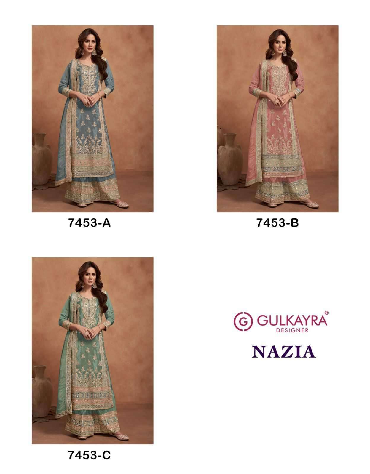 GULKAYRA DESIGNER PRESENTS NAZIA SIMMER SILK READYMADE PLAZZO STYLE DESIGNER SUIT CATALOG WHOLESALER AND EXPORTER 
