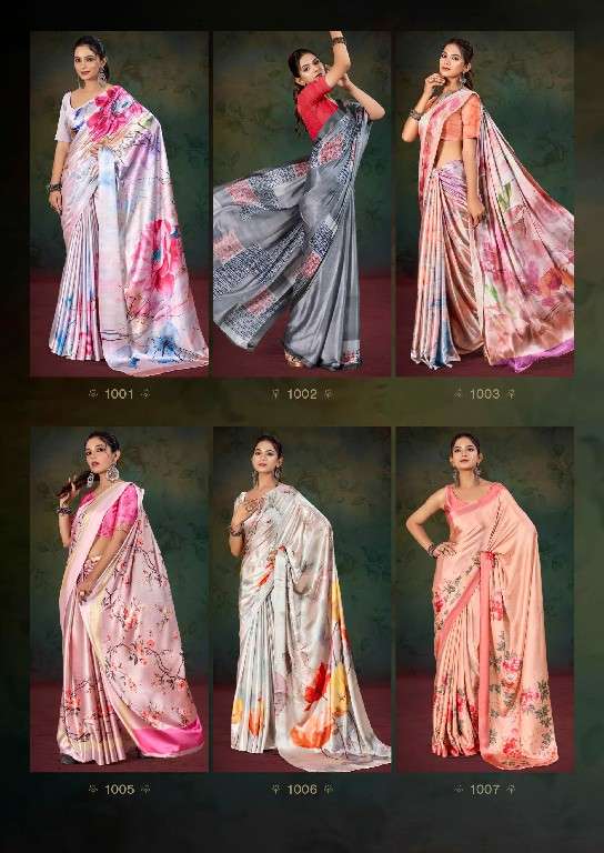 KASHVI CREATION PRESENTS DIVYANI VOL-4 1001-1008 SATIN PRINT SAREES CATALOG WHOLESALER AND EXPORTER 