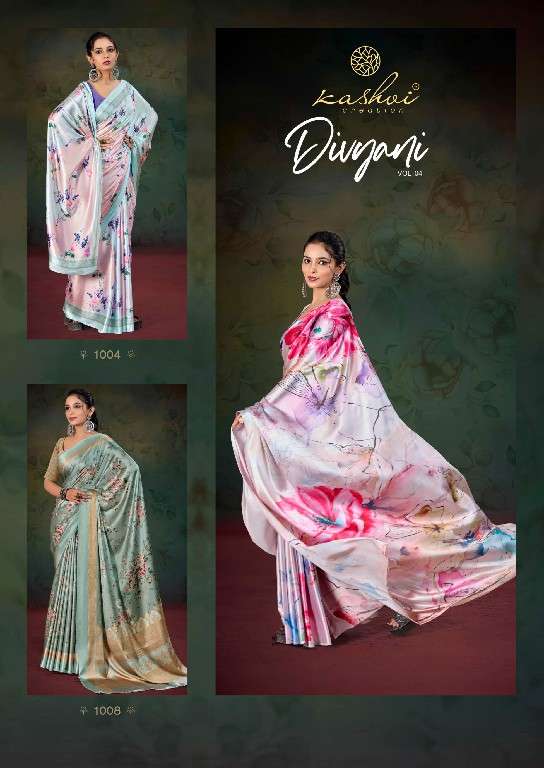 KASHVI CREATION PRESENTS DIVYANI VOL-4 1001-1008 SATIN PRINT SAREES CATALOG WHOLESALER AND EXPORTER 