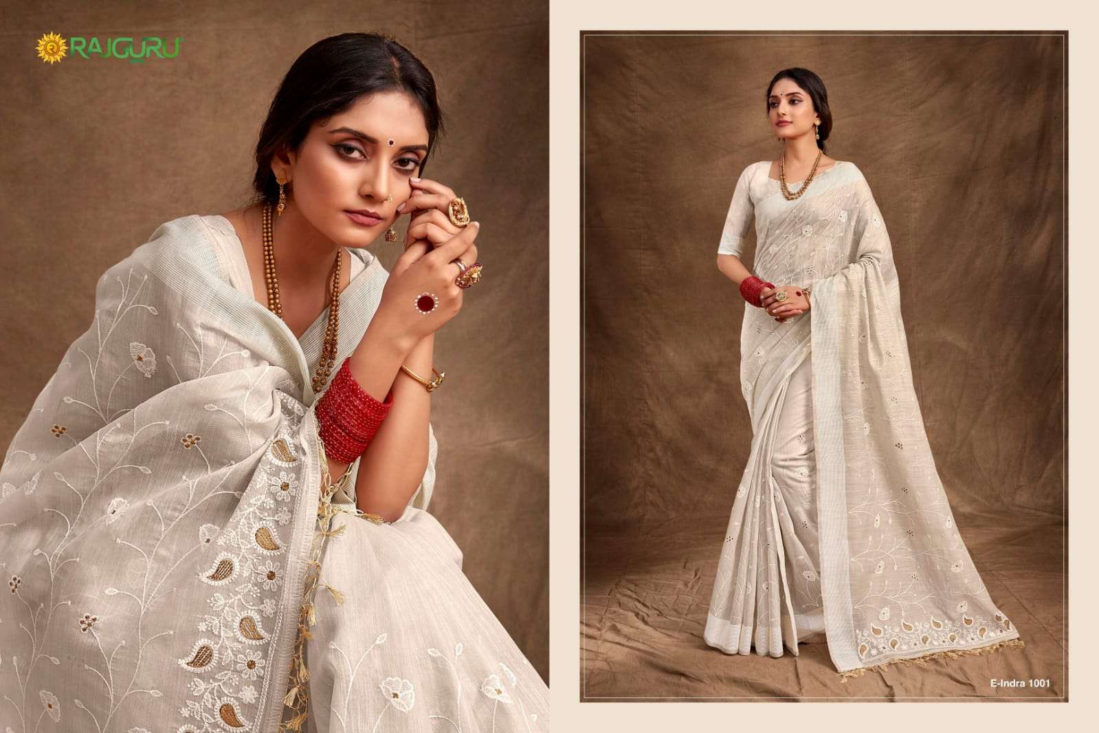 RAJGURU PRESENTS E-INDRA DESIGNER FANCY SAREES WITH DOUBLE BLOUSE CATALOG WHOLESALER AND EXPORTER IN SURAT 