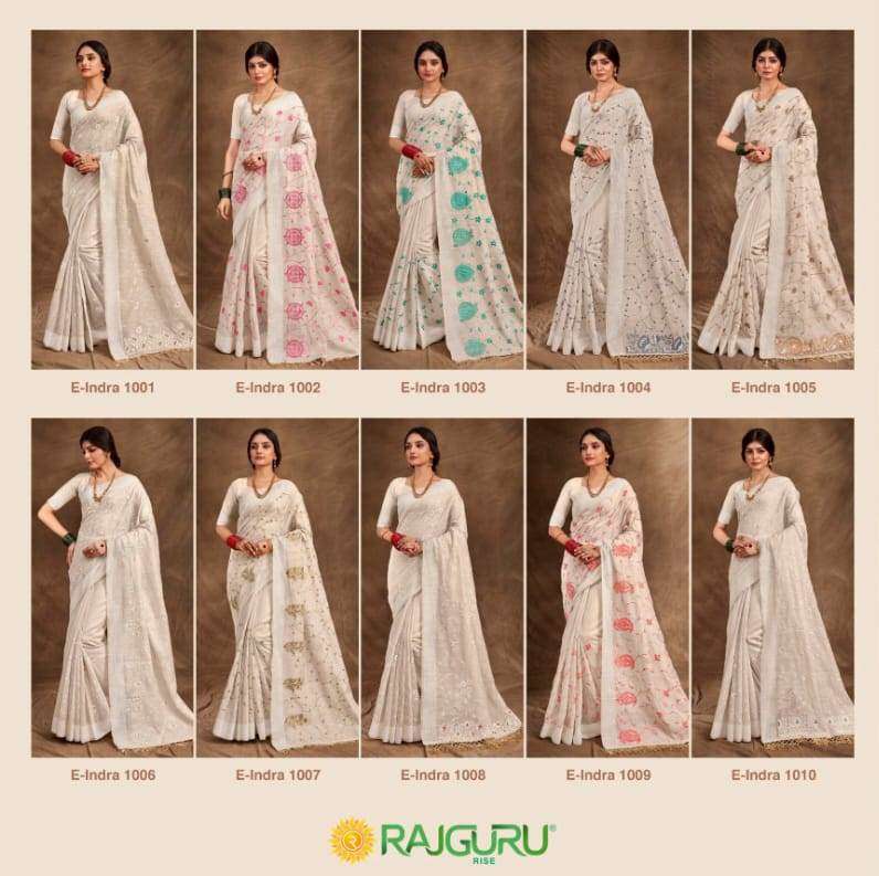 RAJGURU PRESENTS E-INDRA DESIGNER FANCY SAREES WITH DOUBLE BLOUSE CATALOG WHOLESALER AND EXPORTER IN SURAT 