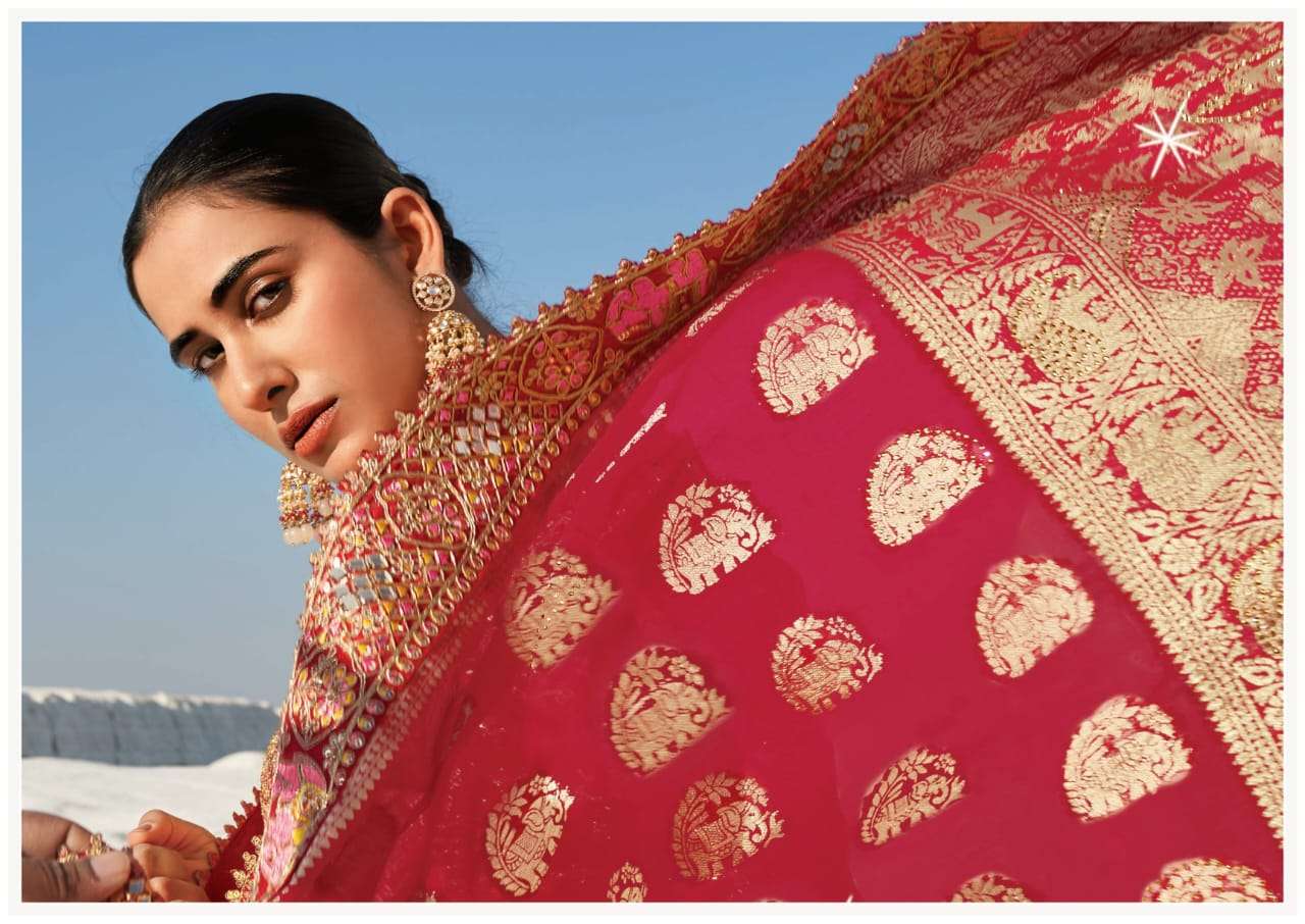 RAJGURU PRESENTS RED MOKSHA DESIGNER FANCY SAREES CATALOG WHOLESALER AND EXPORTER IN SURAT