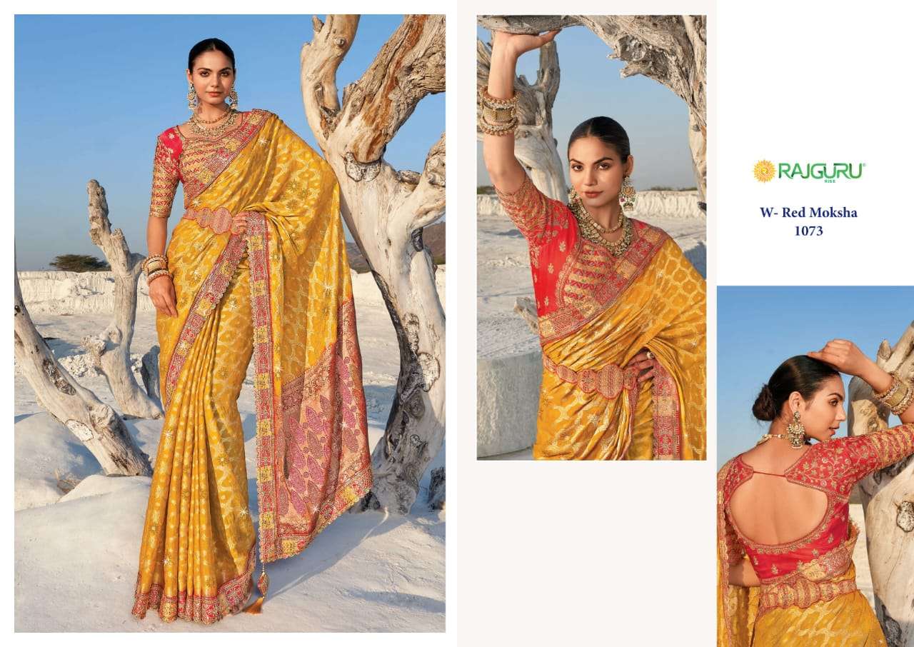 RAJGURU PRESENTS RED MOKSHA DESIGNER FANCY SAREES CATALOG WHOLESALER AND EXPORTER IN SURAT