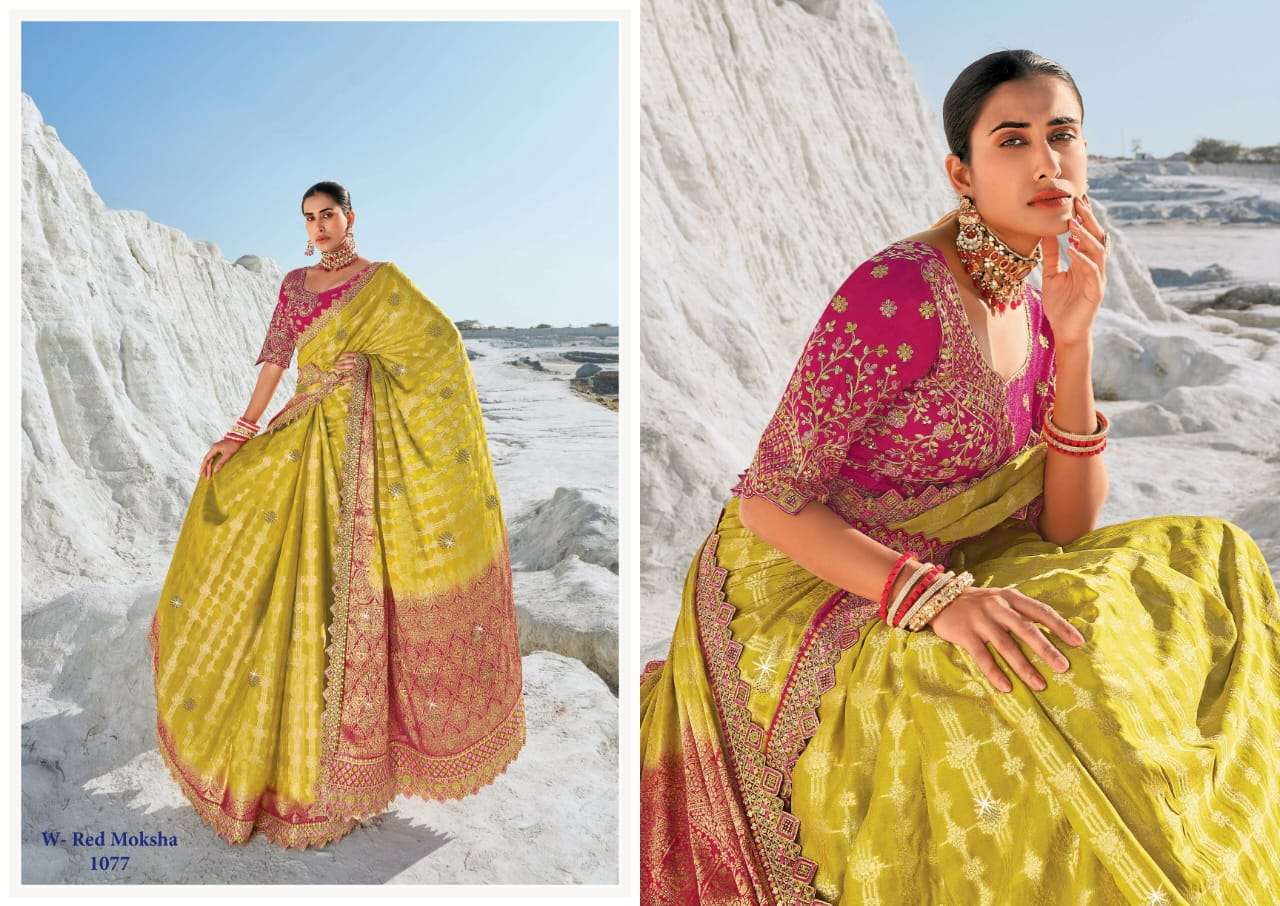RAJGURU PRESENTS RED MOKSHA DESIGNER FANCY SAREES CATALOG WHOLESALER AND EXPORTER IN SURAT