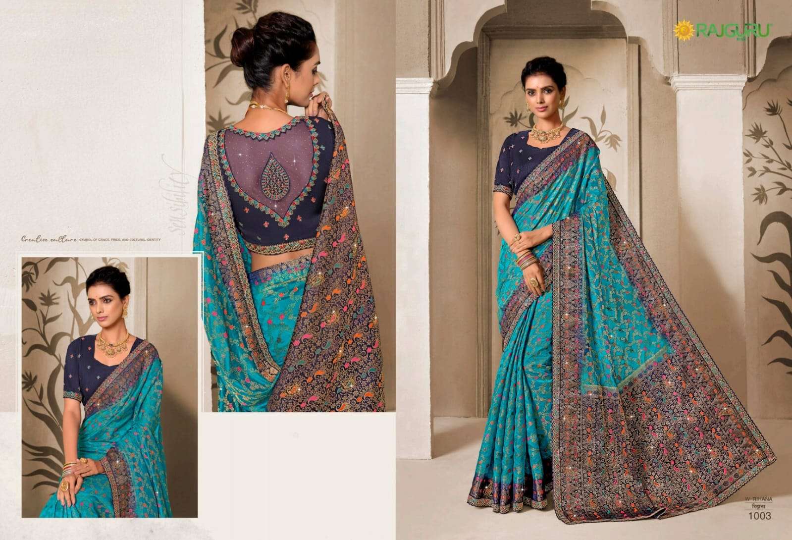 RAJGURU PRESENTS RIHANA DESIGNER FANCY SAREES CATALOG WHOLESALER AND EXPORTER IN SURAT CATALOG WHOLESALER AND EXPORTER IN SURAT 