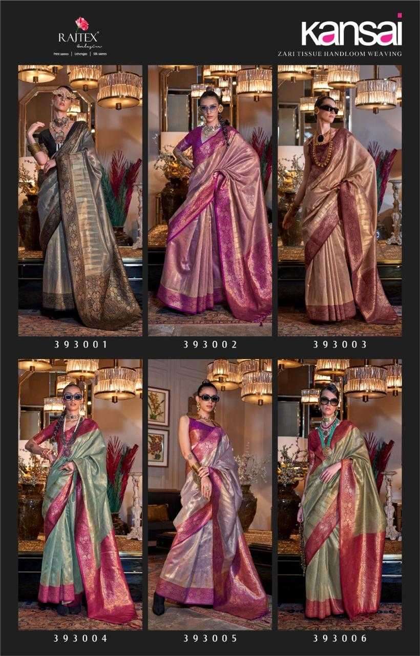 RAJTEX PRESENTS KANSAI 393001-393006 TISSUE SILK HANDLOOM DESIGNER SAREES CATALOG WHOLESALER AND EXPORTER 