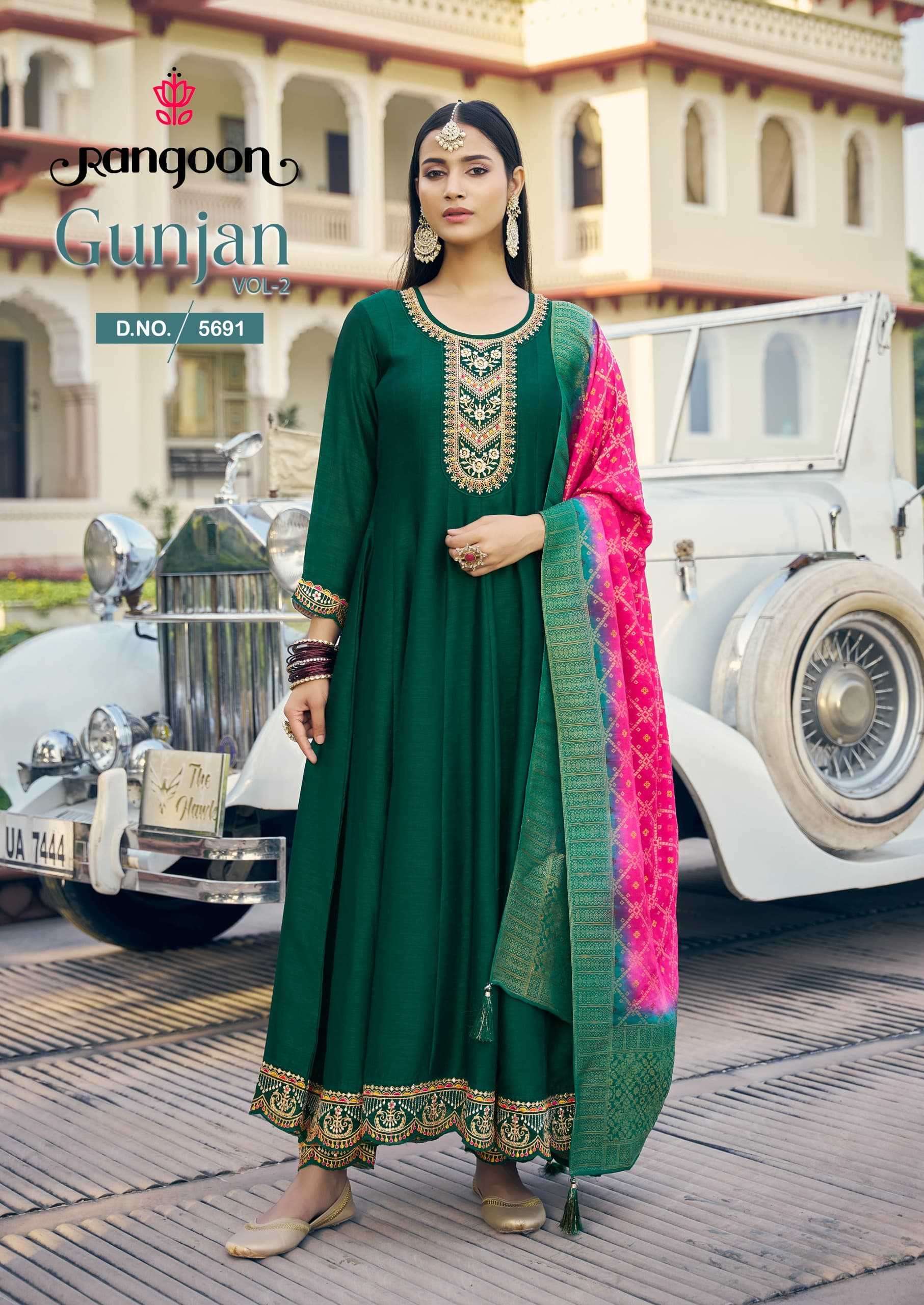 RANGOON PRESENTS GUNJAN VOL-2 SILK ANARKALI STYLE FULLY STITCH STYLISH 3PCS KURTIS CATALOG WHOLESALER AND EXPORTER 