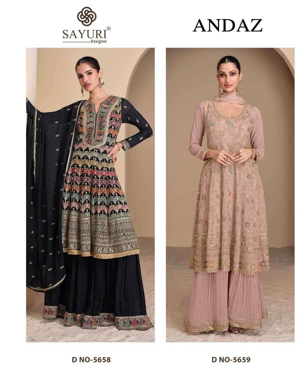 SAYURI DESIGNER PRESENTS ANDAZ READYMADE EXCLUSIVE GEORGETTE PLAZZO STYLE SUIT CATALOG WHOLESALER AND EXPORTER 