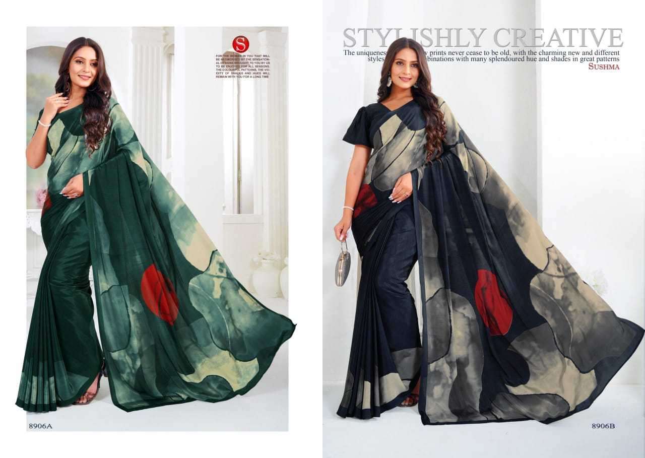 SUSHMA PRESENTS ARTFUL FASHIONABLE CRAPE UNIQUE PRINT SAREES CATALOG WHOLESALER AND EXPORTER 