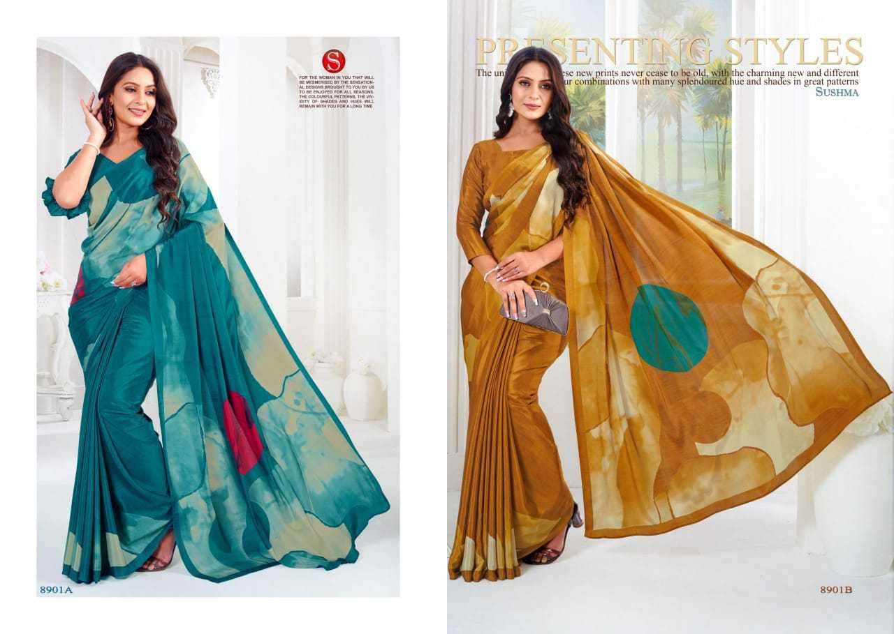 SUSHMA PRESENTS ARTFUL FASHIONABLE CRAPE UNIQUE PRINT SAREES CATALOG WHOLESALER AND EXPORTER 