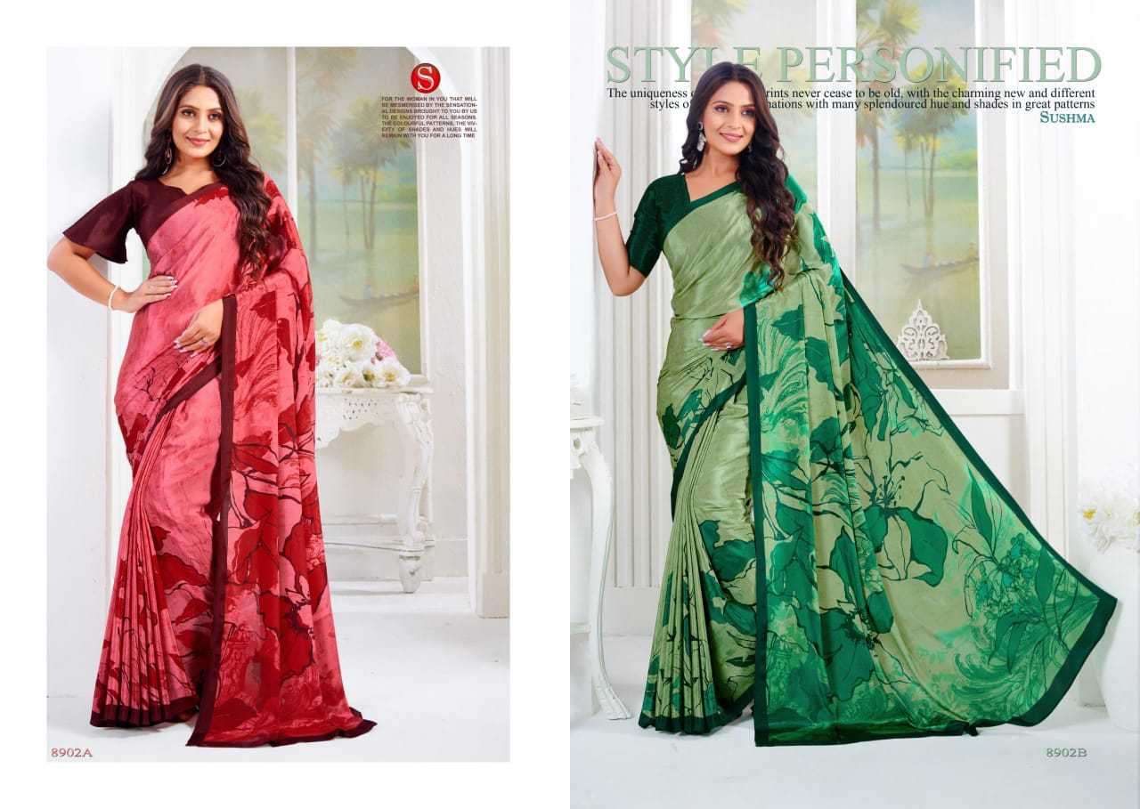 SUSHMA PRESENTS ARTFUL FASHIONABLE CRAPE UNIQUE PRINT SAREES CATALOG WHOLESALER AND EXPORTER 