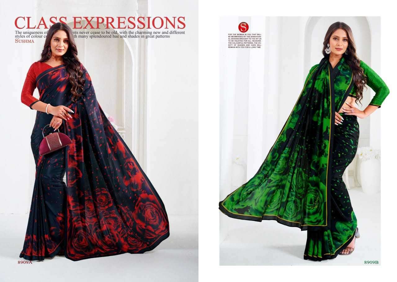 SUSHMA PRESENTS ARTFUL FASHIONABLE CRAPE UNIQUE PRINT SAREES CATALOG WHOLESALER AND EXPORTER 
