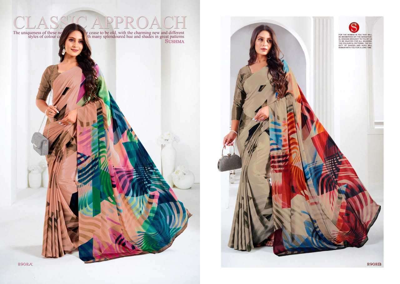 SUSHMA PRESENTS ARTFUL FASHIONABLE CRAPE UNIQUE PRINT SAREES CATALOG WHOLESALER AND EXPORTER 