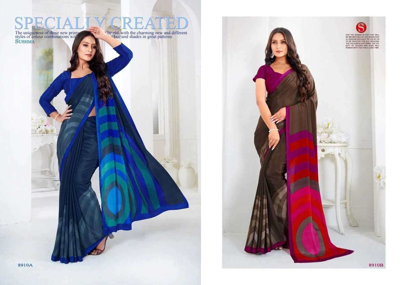 SUSHMA PRESENTS ARTFUL FASHIONABLE CRAPE UNIQUE PRINT SAREES CATALOG WHOLESALER AND EXPORTER 