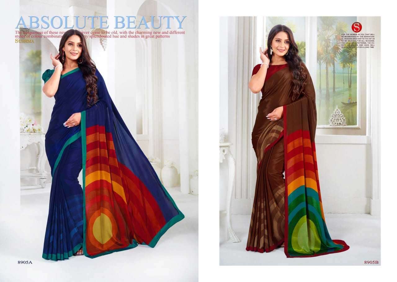 SUSHMA PRESENTS ARTFUL FASHIONABLE CRAPE UNIQUE PRINT SAREES CATALOG WHOLESALER AND EXPORTER 