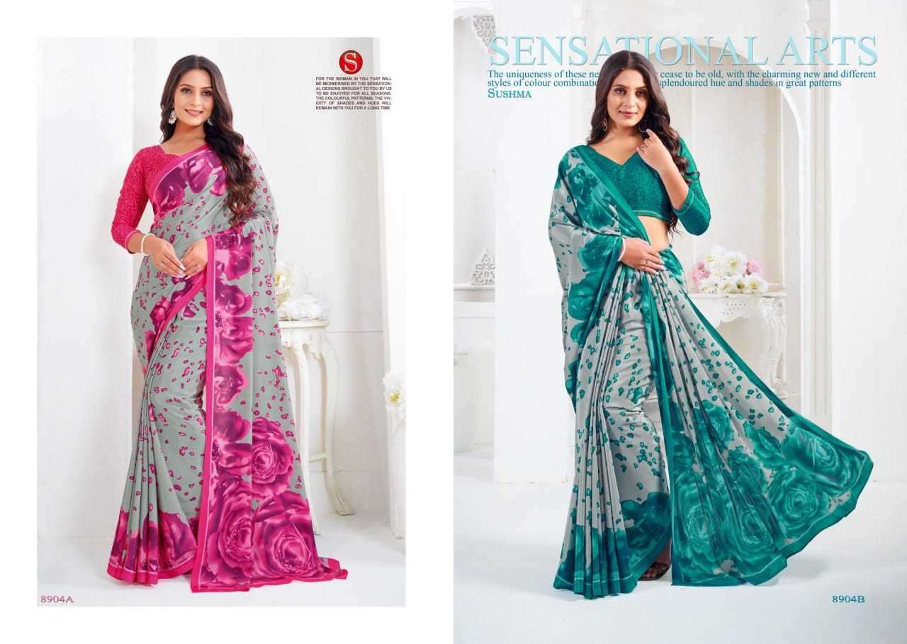 SUSHMA PRESENTS ARTFUL FASHIONABLE CRAPE UNIQUE PRINT SAREES CATALOG WHOLESALER AND EXPORTER 