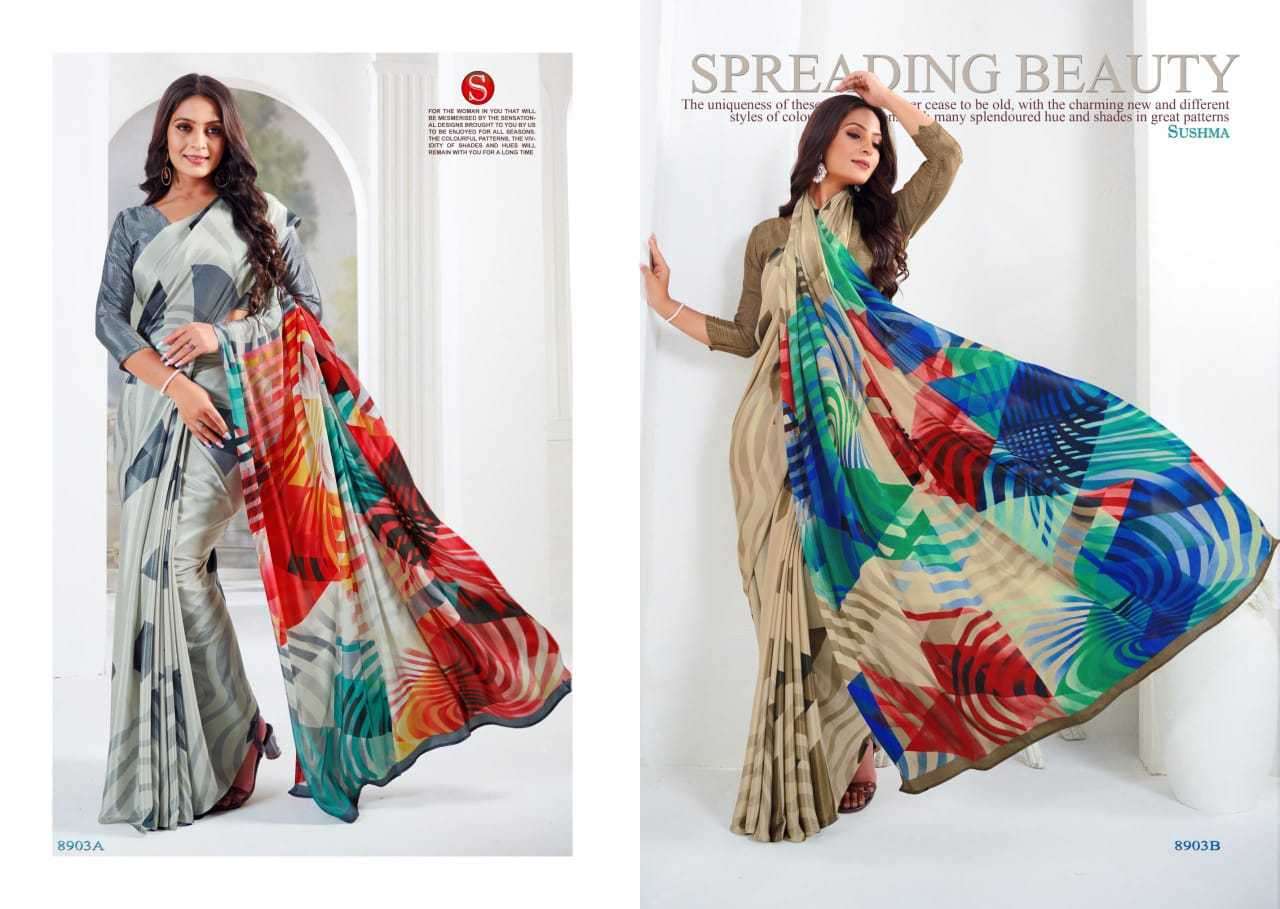 SUSHMA PRESENTS ARTFUL FASHIONABLE CRAPE UNIQUE PRINT SAREES CATALOG WHOLESALER AND EXPORTER 