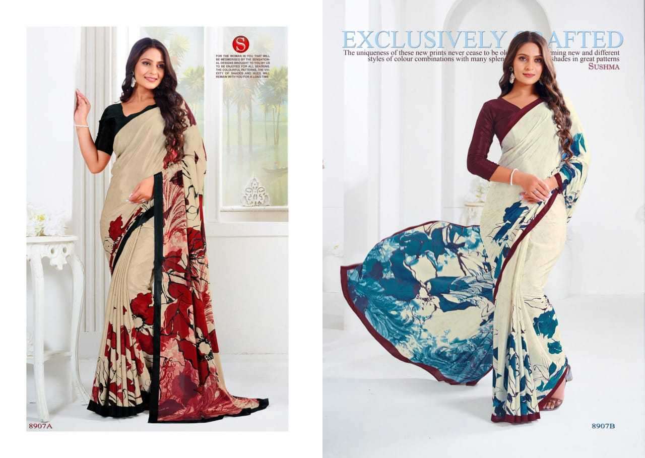 SUSHMA PRESENTS ARTFUL FASHIONABLE CRAPE UNIQUE PRINT SAREES CATALOG WHOLESALER AND EXPORTER 