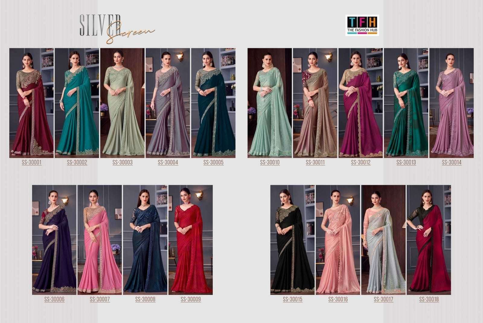 TFH PRESENTS SILVER SCREEN VOL-20 30001-30018 OCCASION WEAR FANCY SAREES CATALOG WHOLESALER AND EXPORTS 