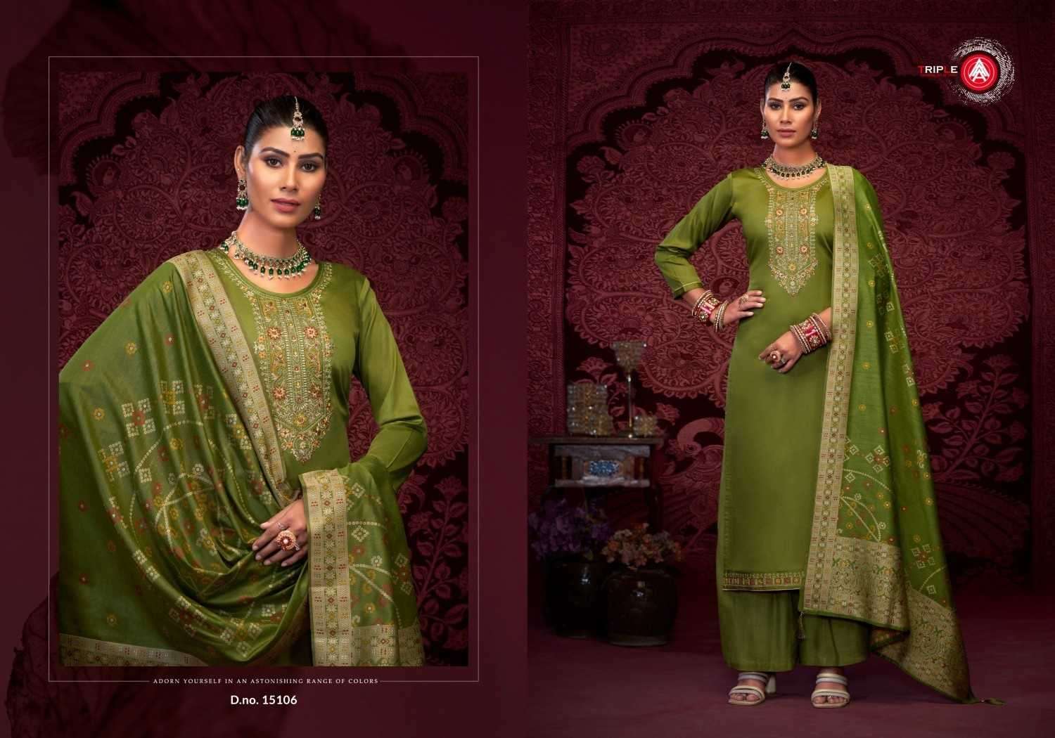 TRIPLE A PRESENTS STANZA JAM SILK COTTON ELEGANT STYLE FULL STITCH BIG SIZE 3PCS DRESS CATALOG WHOLESALER AND EXPORTER 