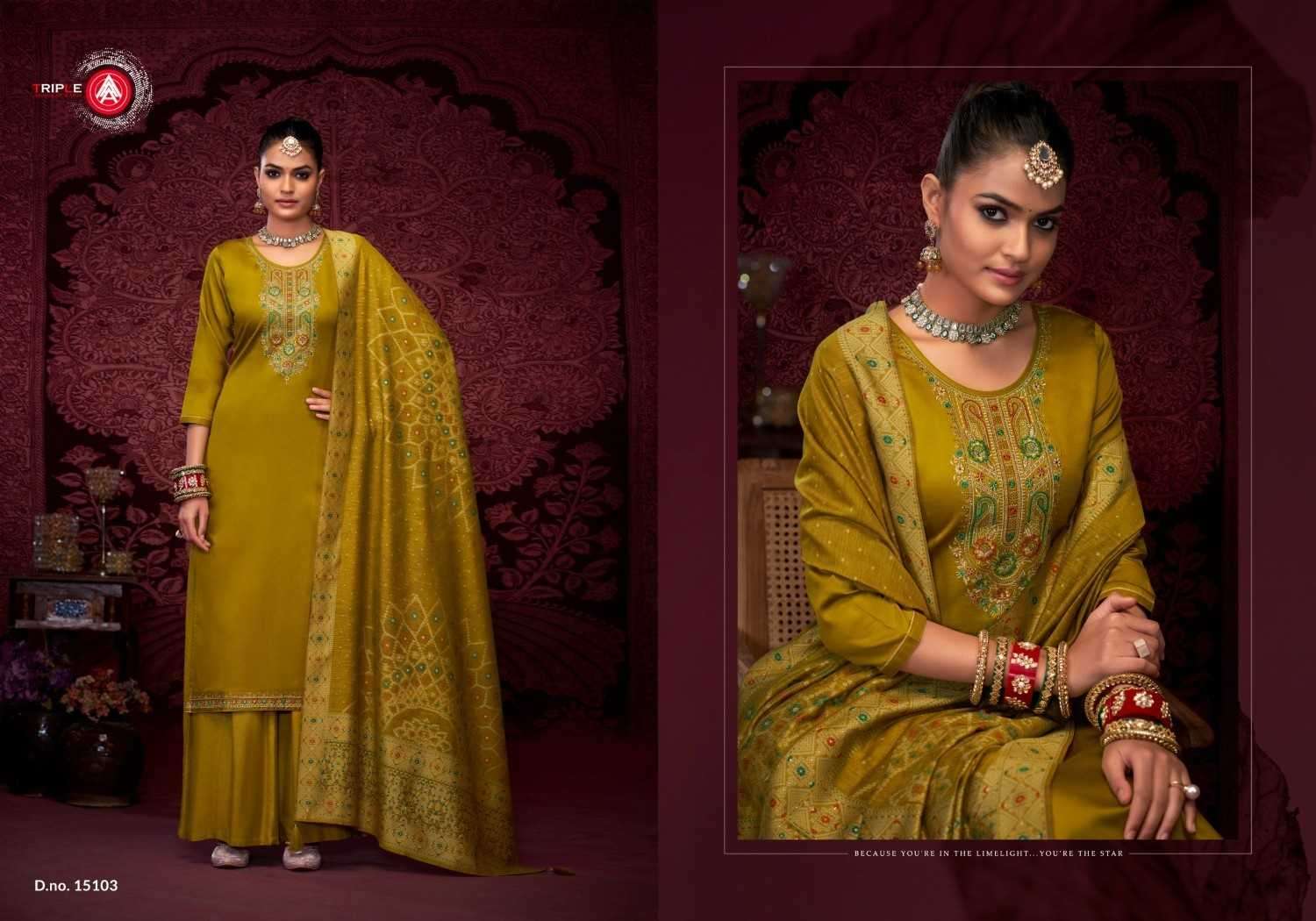 TRIPLE A PRESENTS STANZA JAM SILK COTTON ELEGANT STYLE FULL STITCH BIG SIZE 3PCS DRESS CATALOG WHOLESALER AND EXPORTER 