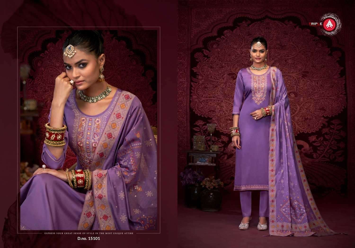 TRIPLE A PRESENTS STANZA JAM SILK COTTON ELEGANT STYLE FULL STITCH BIG SIZE 3PCS DRESS CATALOG WHOLESALER AND EXPORTER 