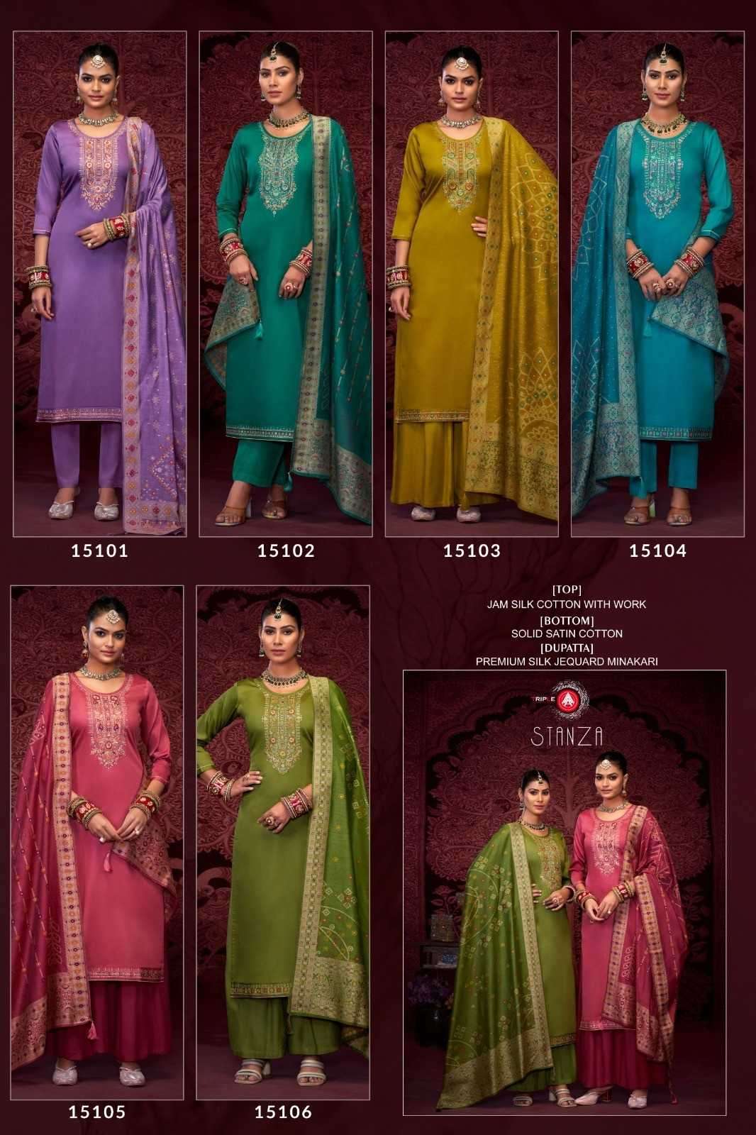 TRIPLE A PRESENTS STANZA JAM SILK COTTON ELEGANT STYLE FULL STITCH BIG SIZE 3PCS DRESS CATALOG WHOLESALER AND EXPORTER 