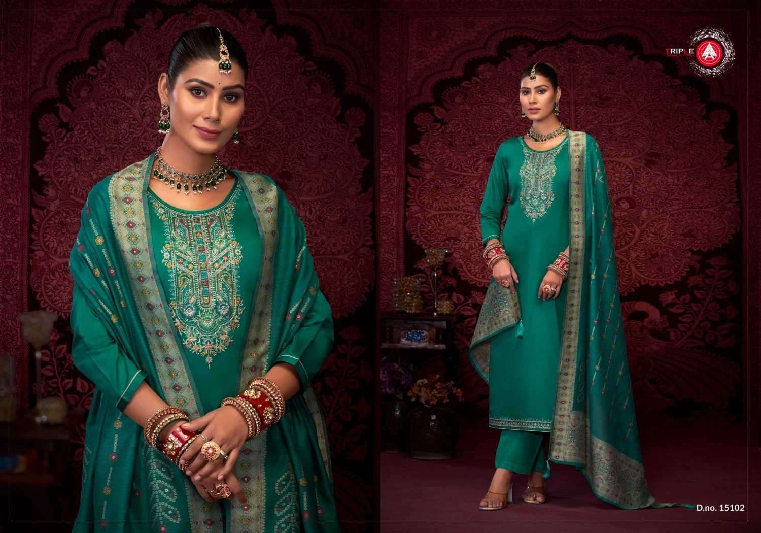 TRIPLE A PRESENTS STANZA JAM SILK COTTON ELEGANT STYLE FULL STITCH BIG SIZE 3PCS DRESS CATALOG WHOLESALER AND EXPORTER 
