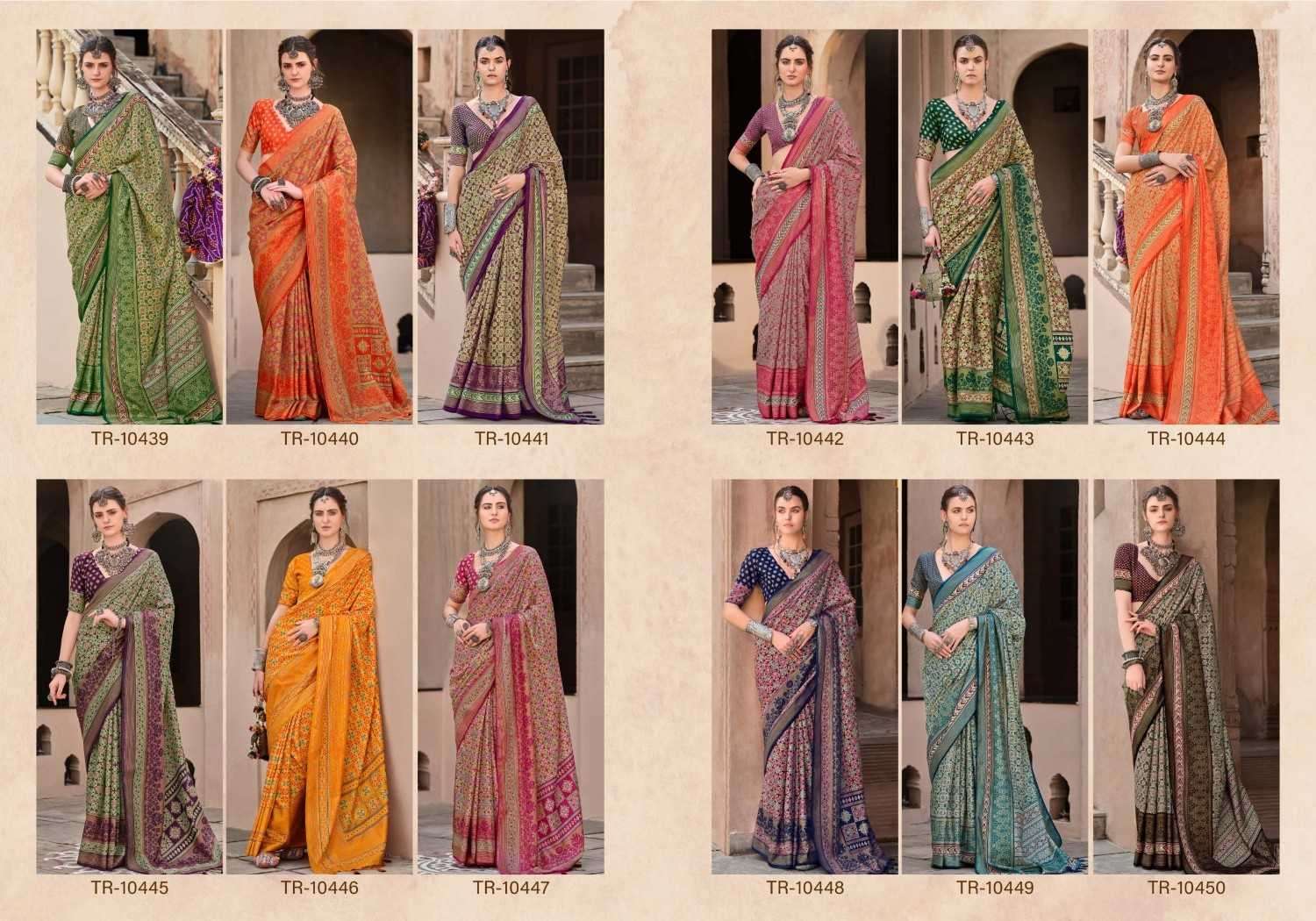 TRIRATH PRESENTS KASTURI 10439 -10450 MERCERIZED SILK FASHIONABLE SAREES CATALOG WHOLESALER AND EXPORTER IN SURAT