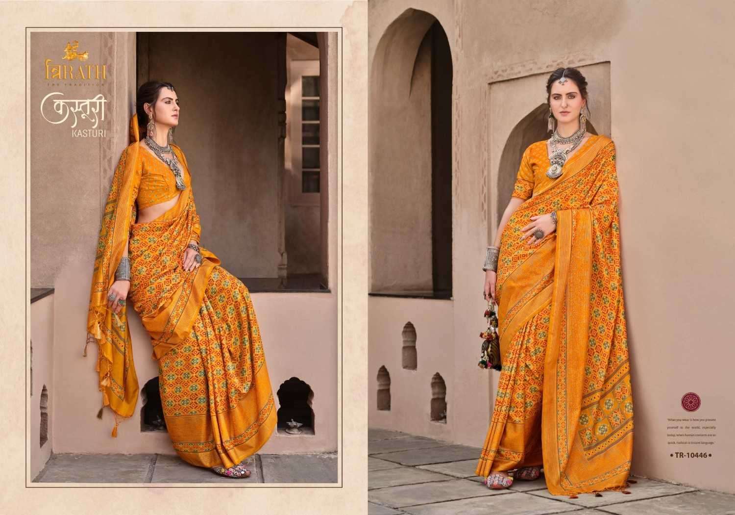 TRIRATH PRESENTS KASTURI 10439 -10450 MERCERIZED SILK FASHIONABLE SAREES CATALOG WHOLESALER AND EXPORTER IN SURAT