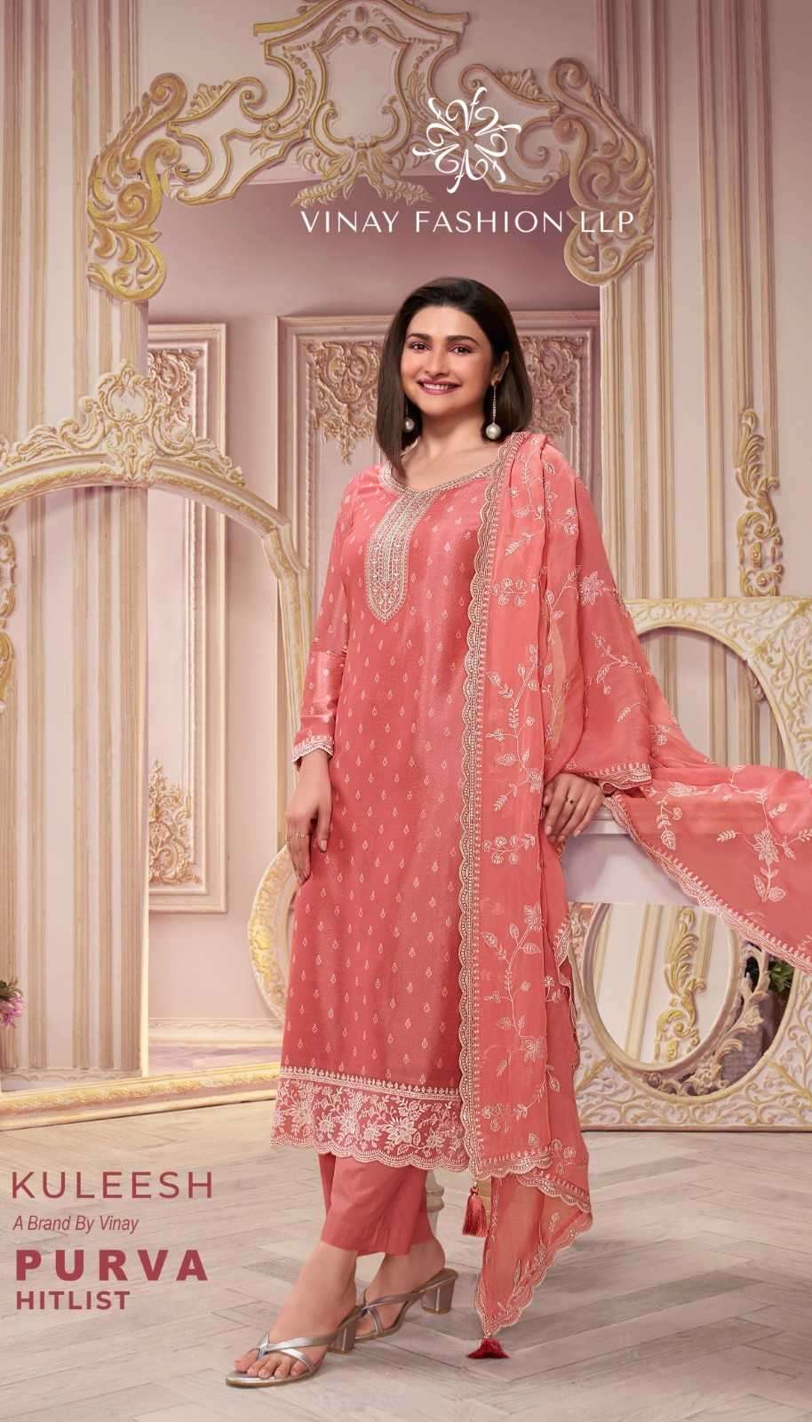 VINAY PRESENTS KULEESH PURVA HITLIST BEAUTIFUL PRINT THREAD EMBROIDERY GEORGETTE SUITS CATALOG WHOLESALER AND EXPORTER 