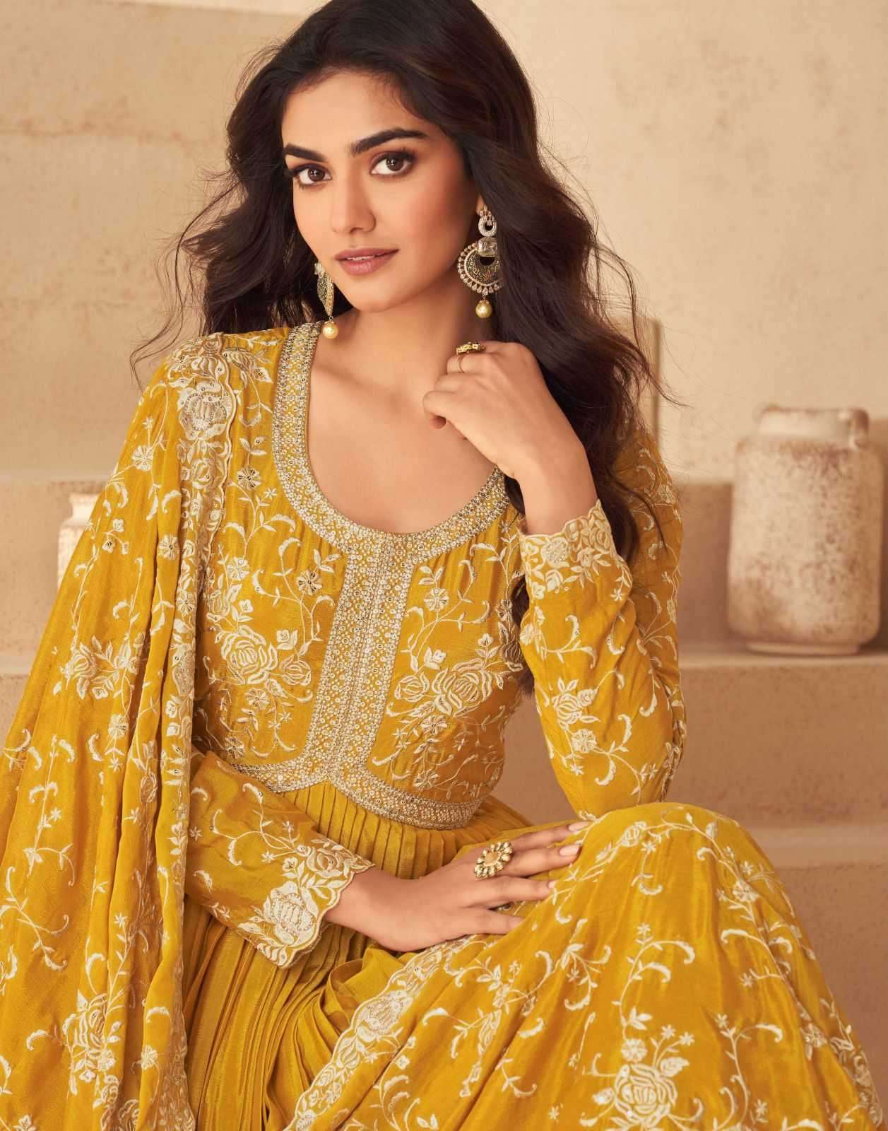 AASHIRWAD CREATION PRESENTS KESARIYA READYMADE CHINON SILK DESIGNER GOWN CATALOG WHOLESALER AND EXPORTER 