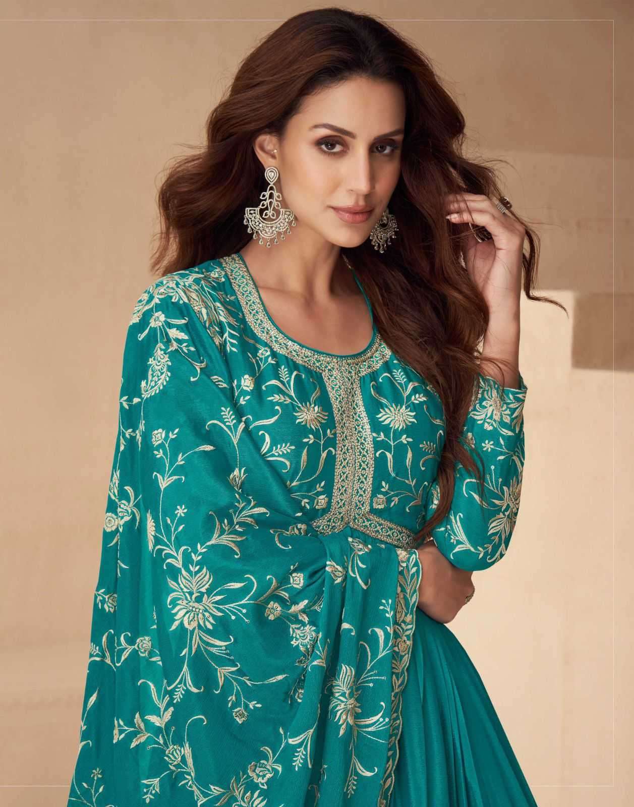 AASHIRWAD CREATION PRESENTS KESARIYA READYMADE CHINON SILK DESIGNER GOWN CATALOG WHOLESALER AND EXPORTER 