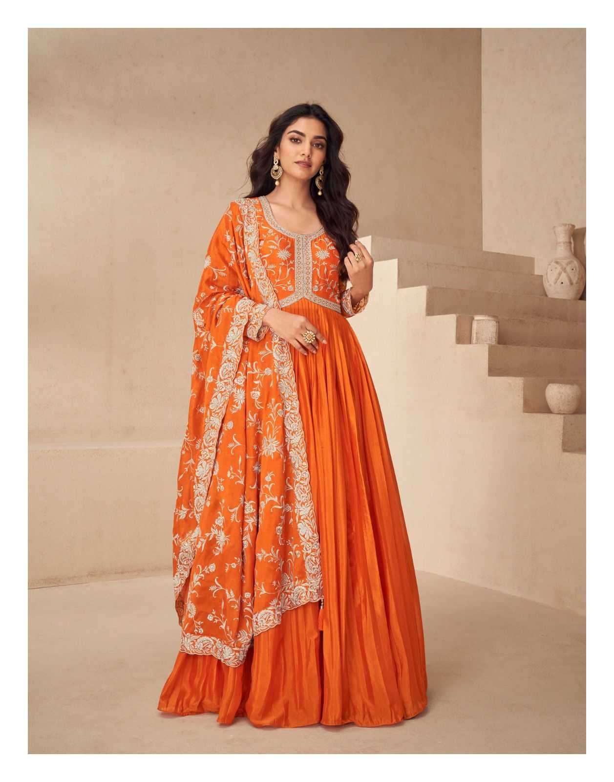 AASHIRWAD CREATION PRESENTS KESARIYA READYMADE CHINON SILK DESIGNER GOWN CATALOG WHOLESALER AND EXPORTER 