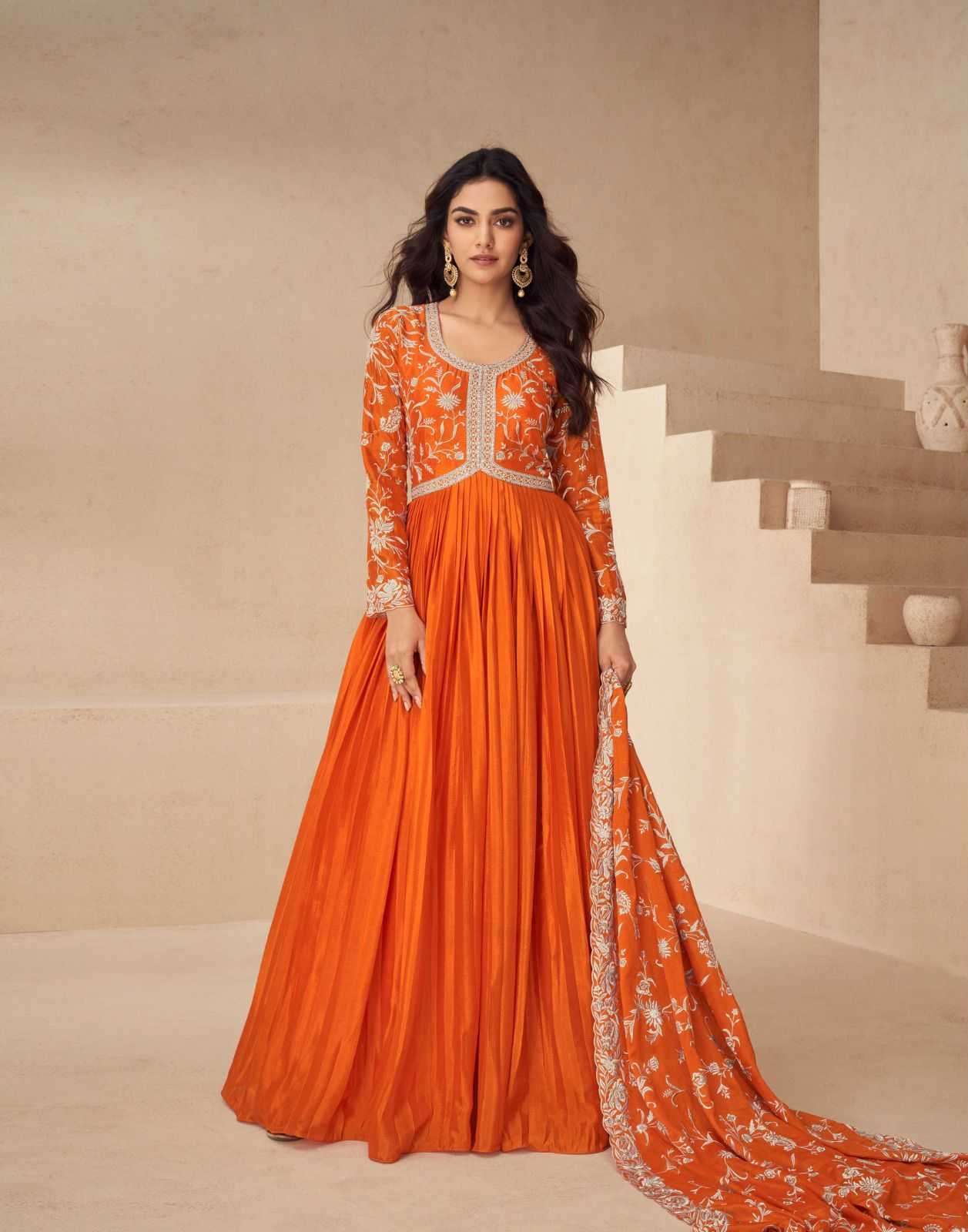 AASHIRWAD CREATION PRESENTS KESARIYA READYMADE CHINON SILK DESIGNER GOWN CATALOG WHOLESALER AND EXPORTER 