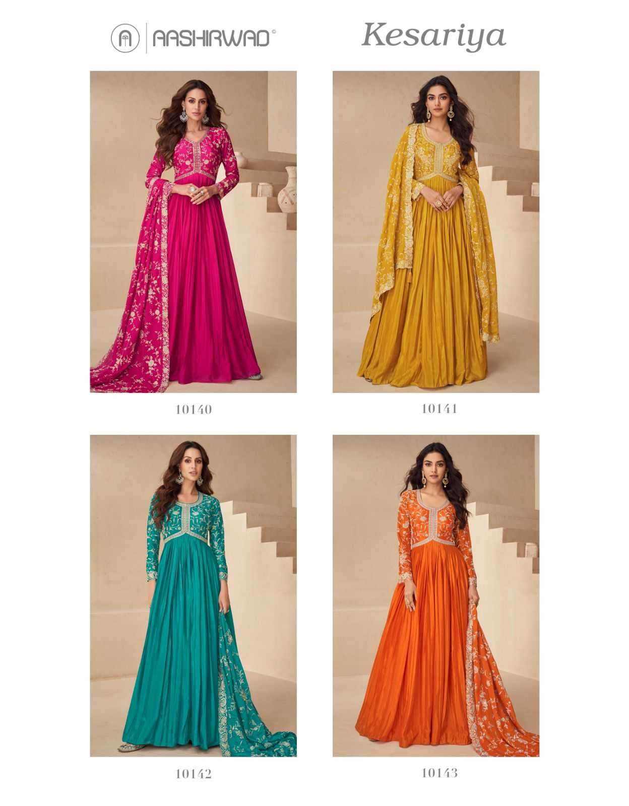 AASHIRWAD CREATION PRESENTS KESARIYA READYMADE CHINON SILK DESIGNER GOWN CATALOG WHOLESALER AND EXPORTER 