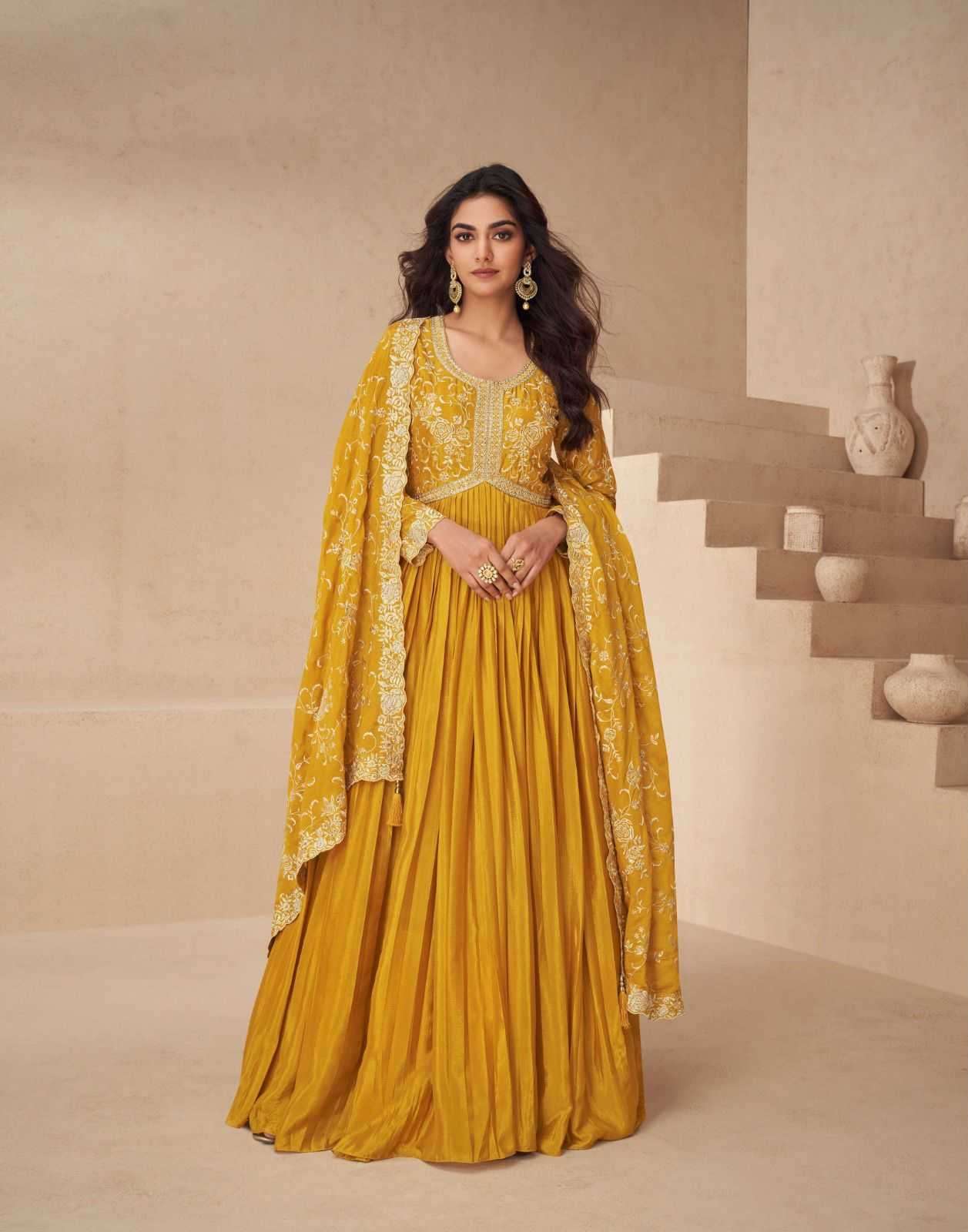 AASHIRWAD CREATION PRESENTS KESARIYA READYMADE CHINON SILK DESIGNER GOWN CATALOG WHOLESALER AND EXPORTER 