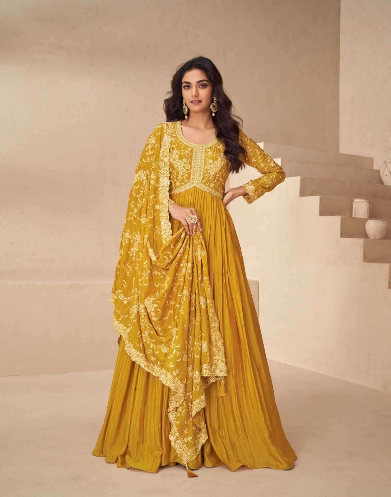 AASHIRWAD CREATION PRESENTS KESARIYA READYMADE CHINON SILK DESIGNER GOWN CATALOG WHOLESALER AND EXPORTER 