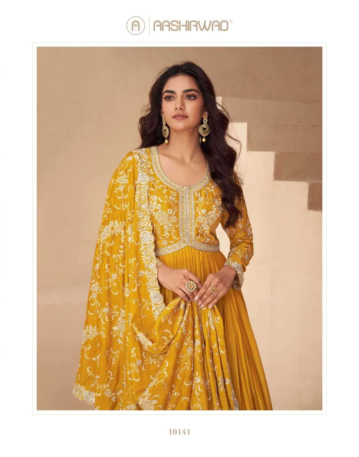 AASHIRWAD CREATION PRESENTS KESARIYA READYMADE CHINON SILK DESIGNER GOWN CATALOG WHOLESALER AND EXPORTER 