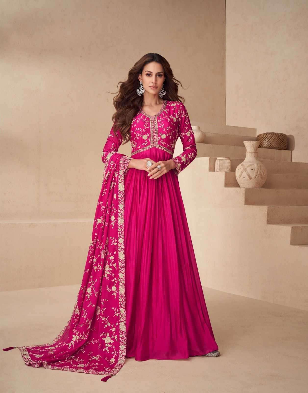 AASHIRWAD CREATION PRESENTS KESARIYA READYMADE CHINON SILK DESIGNER GOWN CATALOG WHOLESALER AND EXPORTER 