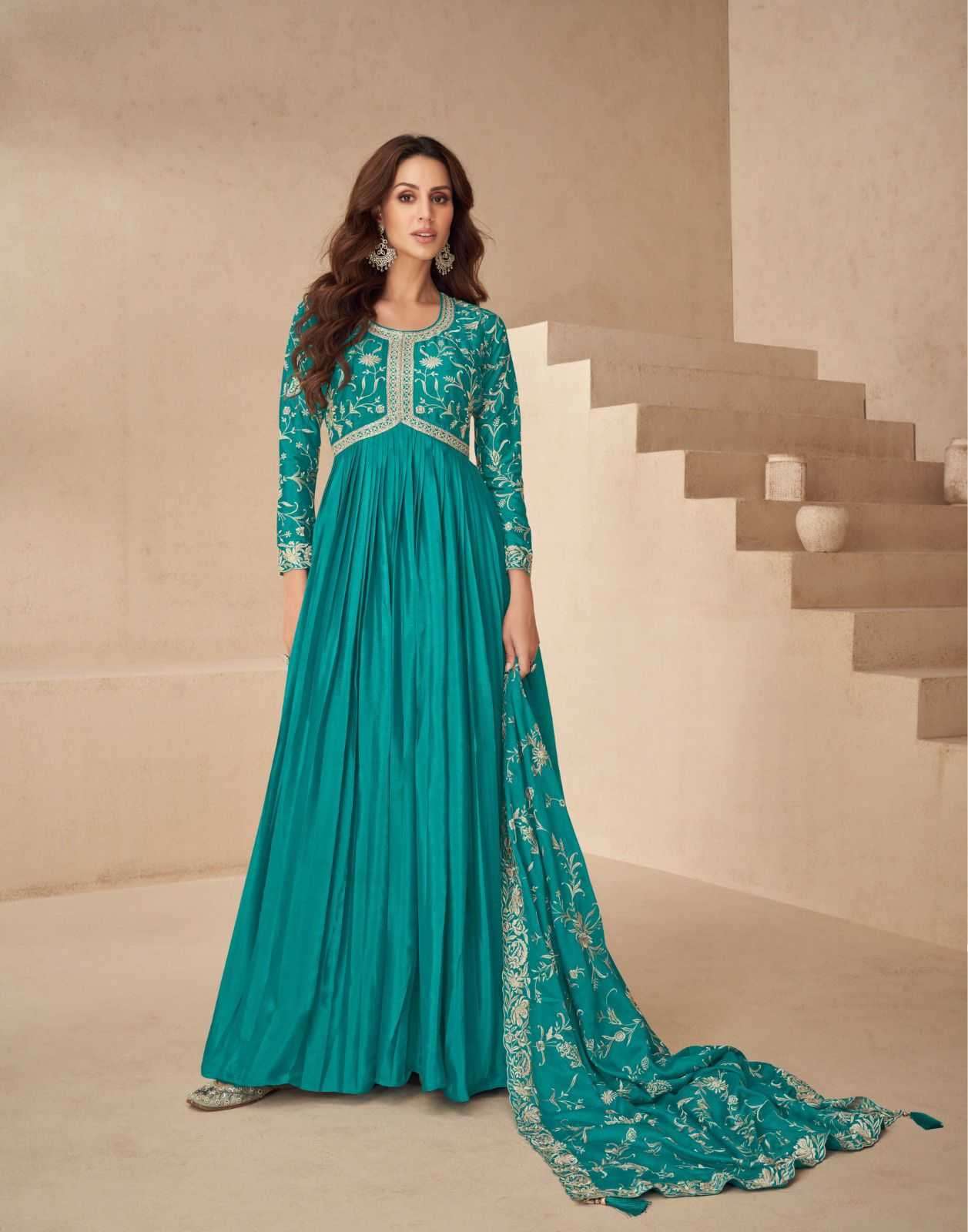 AASHIRWAD CREATION PRESENTS KESARIYA READYMADE CHINON SILK DESIGNER GOWN CATALOG WHOLESALER AND EXPORTER 