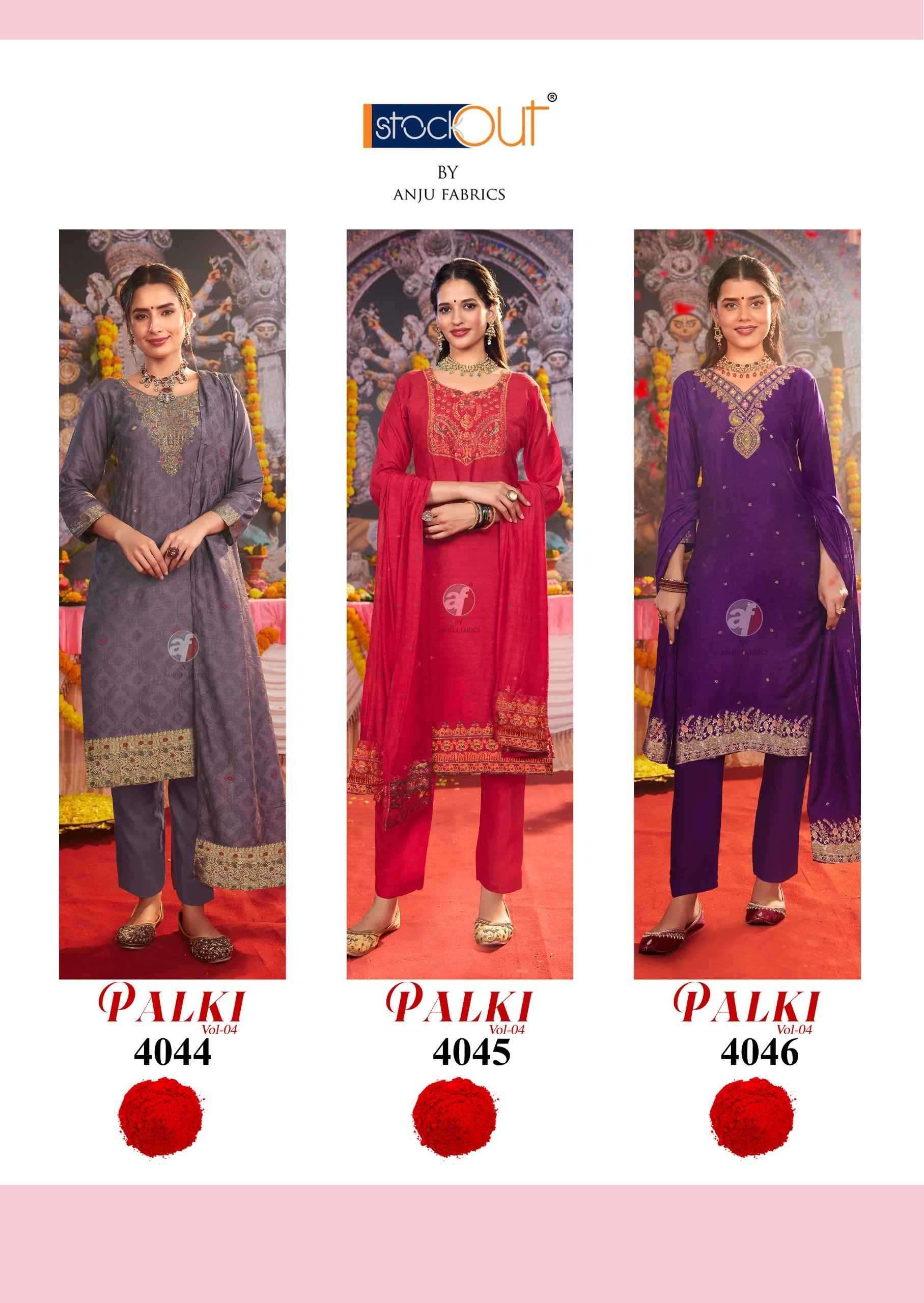 ANJU FAB PRESENTS PALKI VOL-4 MUSLIN JACQUARD PLUS SIZE READYMADE ATTRACTIVE 3PCS DRESS CATALOG WHOLESALER AND EXPORTER 