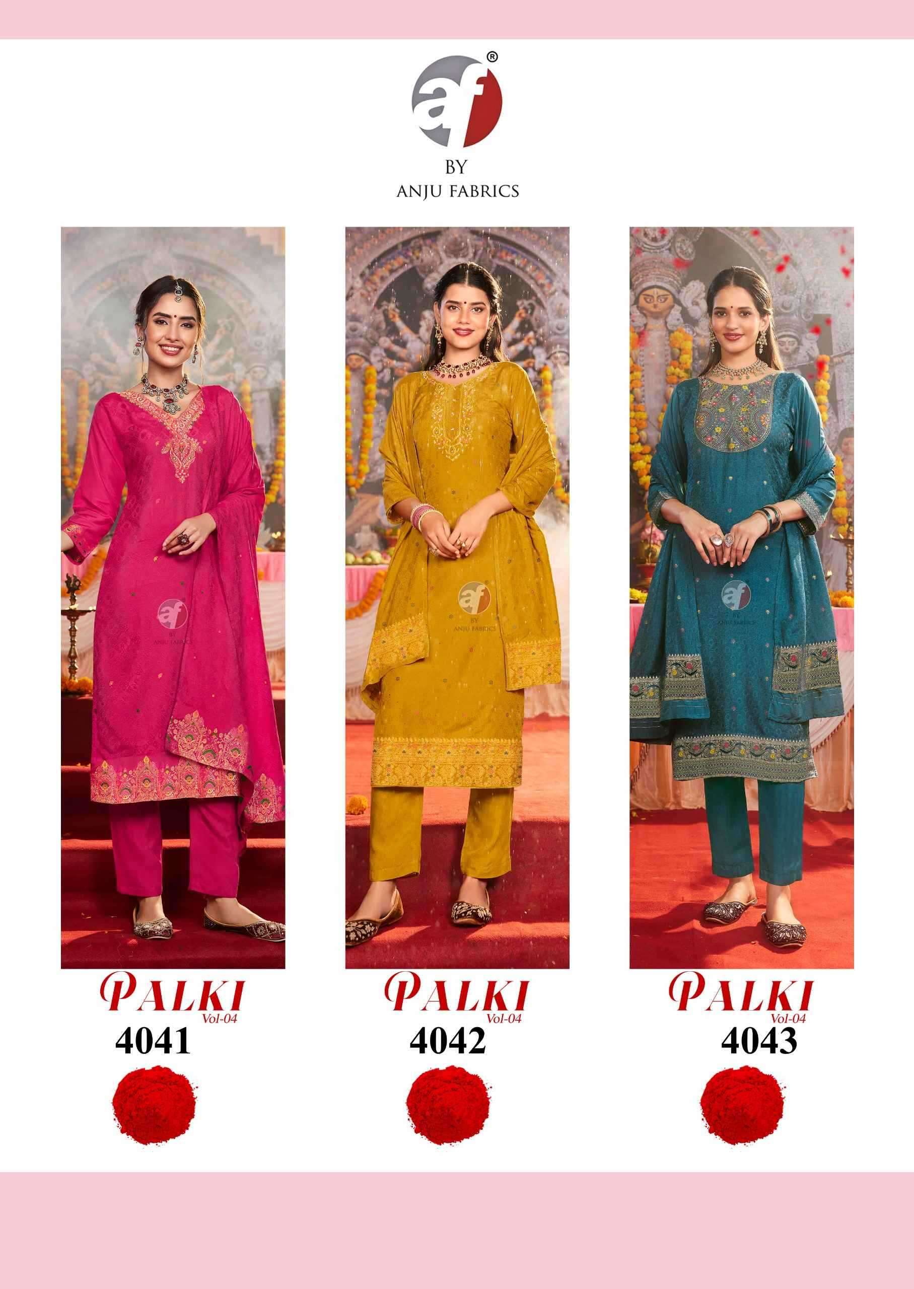 ANJU FAB PRESENTS PALKI VOL-4 MUSLIN JACQUARD PLUS SIZE READYMADE ATTRACTIVE 3PCS DRESS CATALOG WHOLESALER AND EXPORTER 