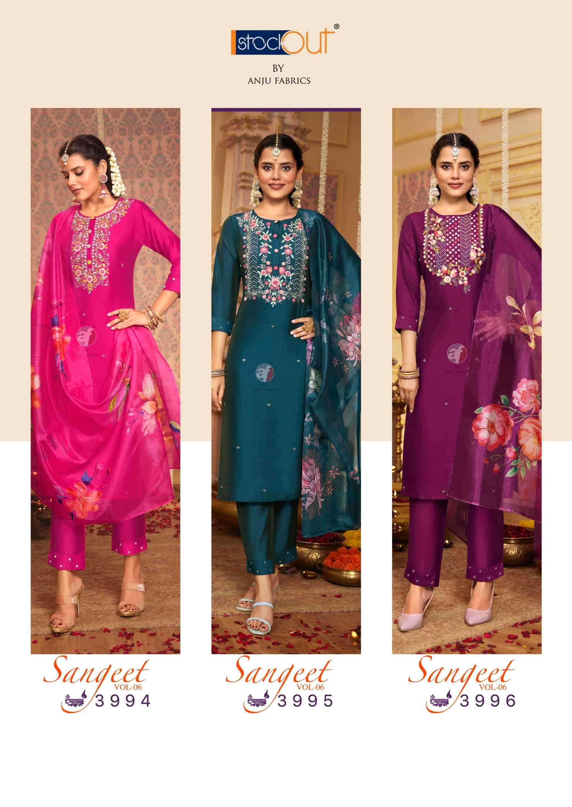 ANJU FABS PRESENTS SANGEET VOL-6 VISCOSE MODAL READYMADE PARTY WEAR PLUS SIZE SUITS CATALOG WHOLESALER AND EXPORTER 