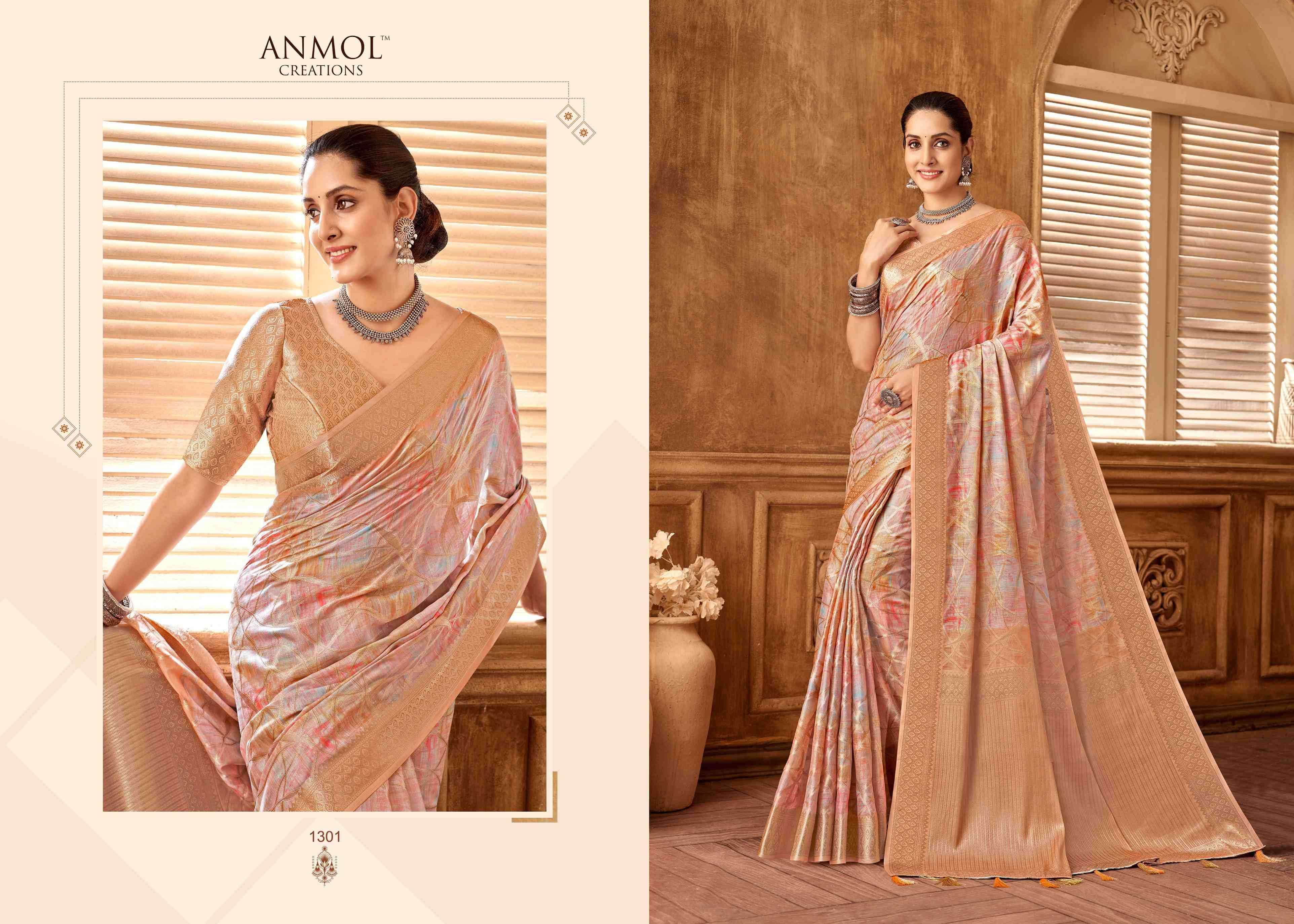 ANMOL CREATION PRESENTS TULIP VOL-13 1301-1310 MUSLIN SILK TRADITIONAL SAREES CATALOG WHOLESALER AND EXPORTER 