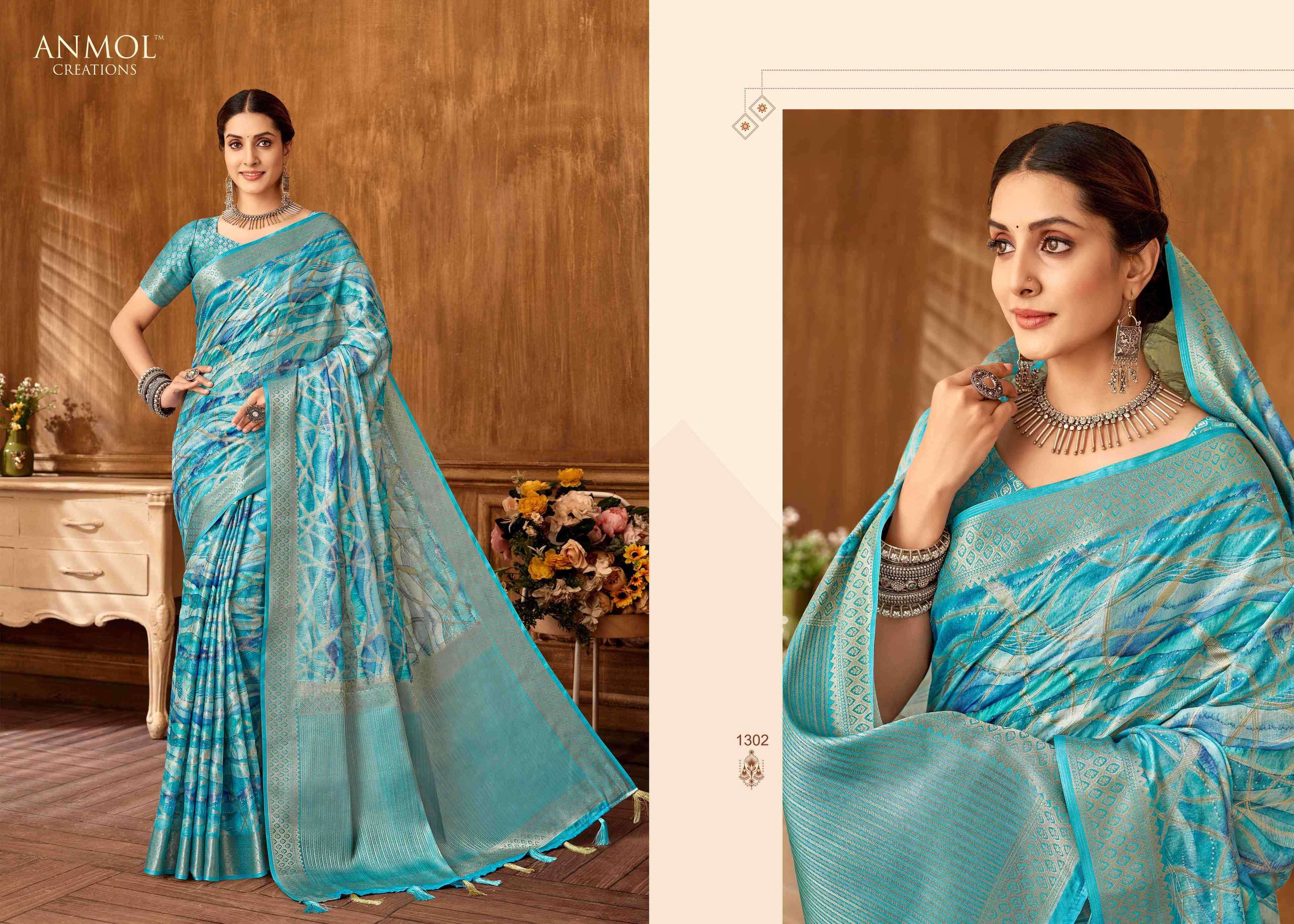 ANMOL CREATION PRESENTS TULIP VOL-13 1301-1310 MUSLIN SILK TRADITIONAL SAREES CATALOG WHOLESALER AND EXPORTER 