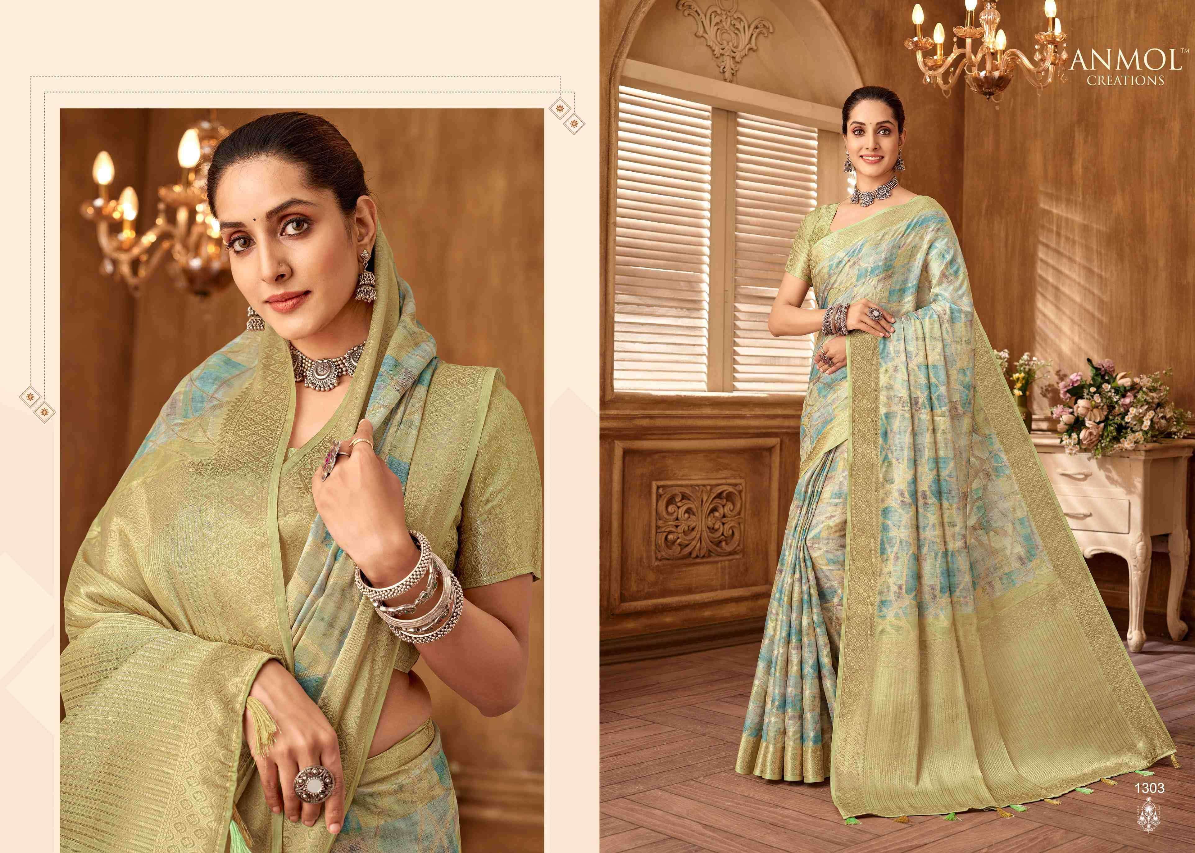 ANMOL CREATION PRESENTS TULIP VOL-13 1301-1310 MUSLIN SILK TRADITIONAL SAREES CATALOG WHOLESALER AND EXPORTER 
