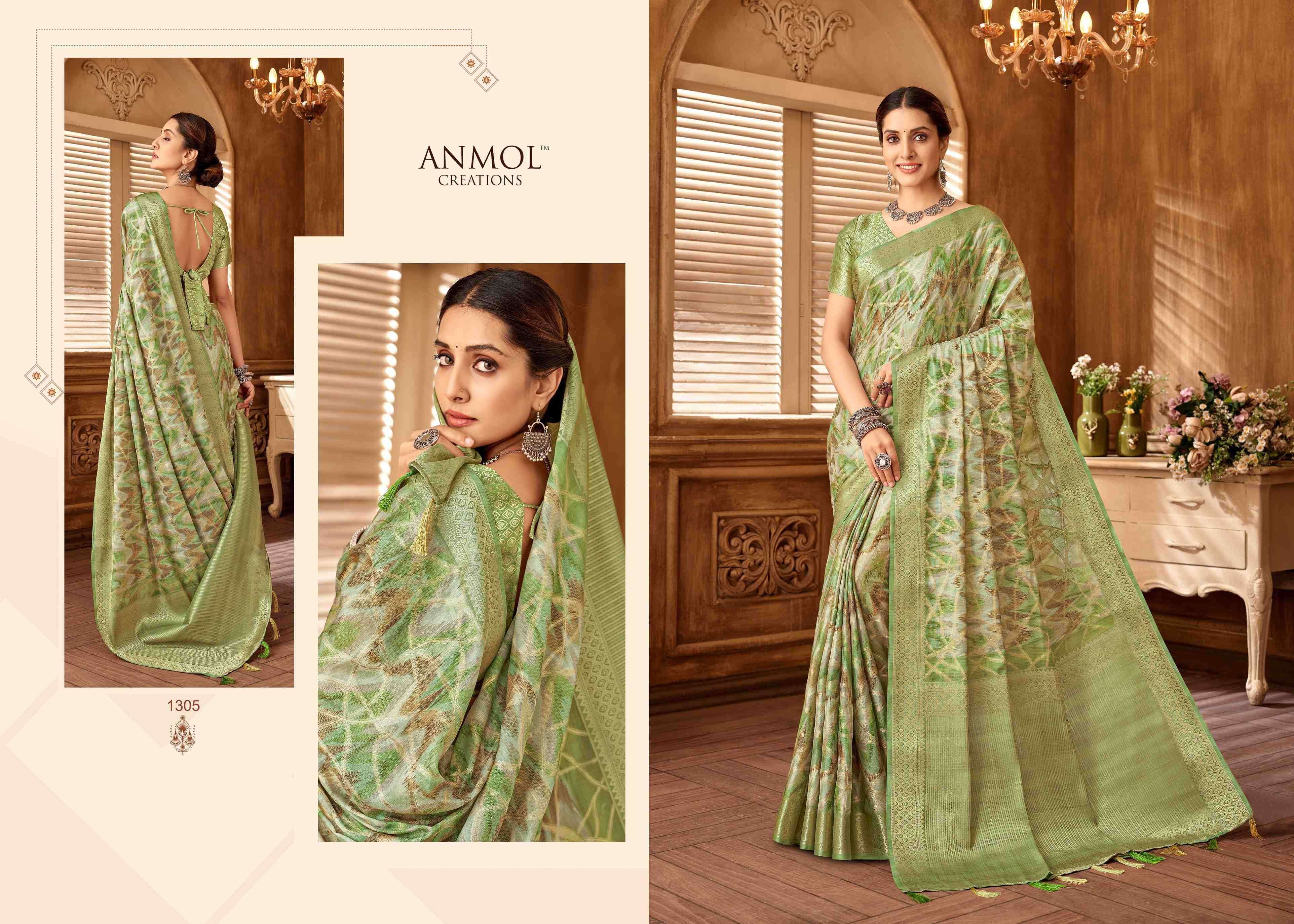 ANMOL CREATION PRESENTS TULIP VOL-13 1301-1310 MUSLIN SILK TRADITIONAL SAREES CATALOG WHOLESALER AND EXPORTER 