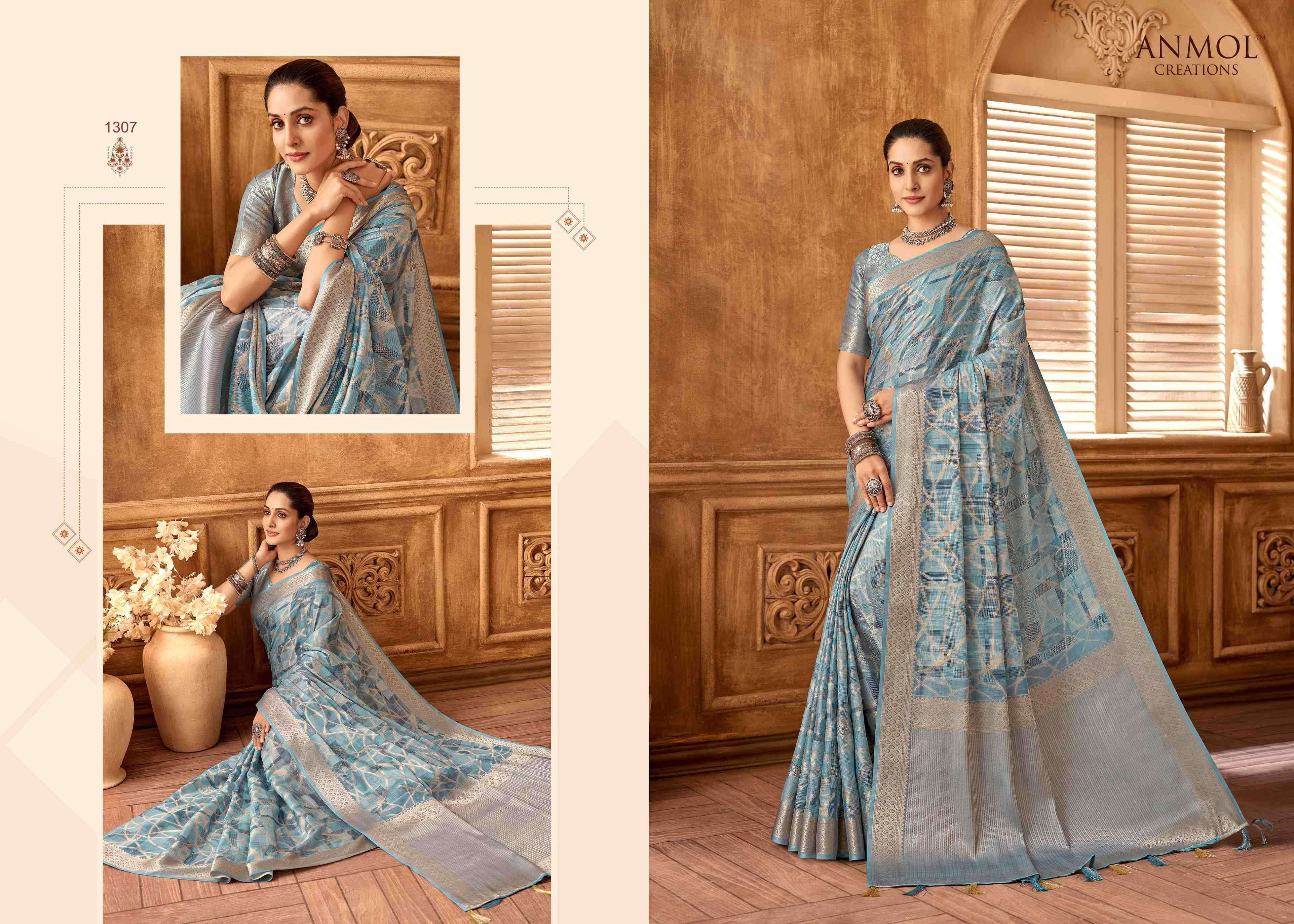 ANMOL CREATION PRESENTS TULIP VOL-13 1301-1310 MUSLIN SILK TRADITIONAL SAREES CATALOG WHOLESALER AND EXPORTER 